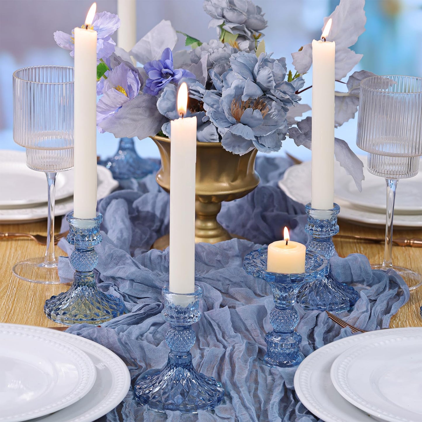 DARJEN 12Pcs 4" H Aqua Blue Candlestick Holders Set- Taper Candle Holders Bulk, Glass Candle Holders for Wedding, Party, Romantic Dinner Table Centerpieces, Festival Gifts & Windowsill Decor