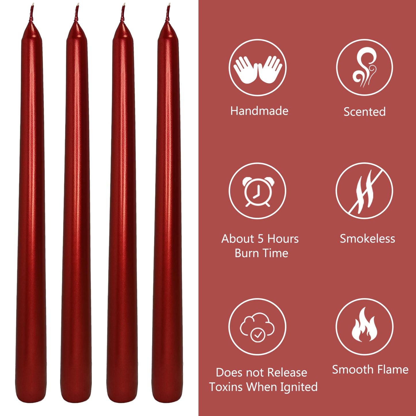 Metal Red Taper Candles Set of 4, 10 Inch Handmade Candle Stick, Unscented Candlesticks, Tapered Candles for Wedding Christmas Dinner Table Home Decor