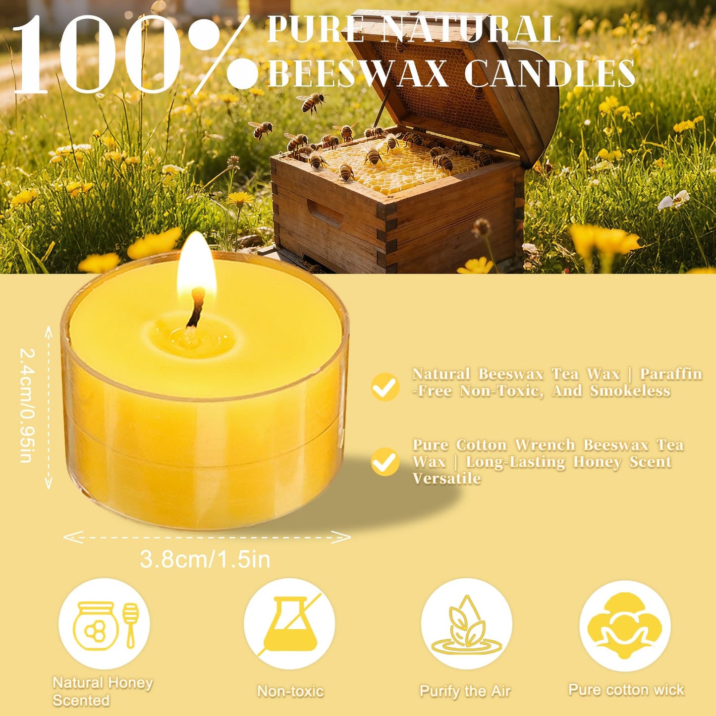 6 Hours Beeswax Tealight Candles, 48 Packs Pure Beeswax Candles Extended Burn Time Beeswax Tea Lights Burn Evenly and Clean Bees Wax Tealight Candles Bulk for Relaxing Air Purification
