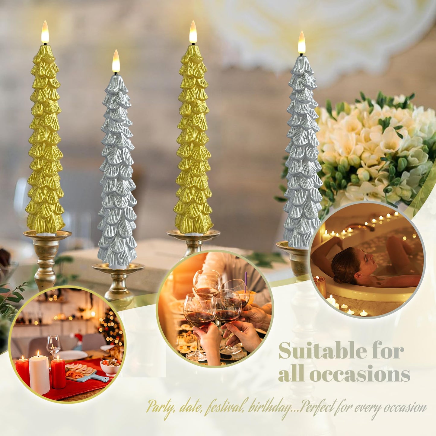 FCMSHAMD Golden & Silver Christmas Trees Flickering Flameless Candles with Remote and Timer, Real Wax 3D Flame Wick LED Candles, 9.8 Inch Battery Operated Candles for Christmas Home Decoration，4PCS