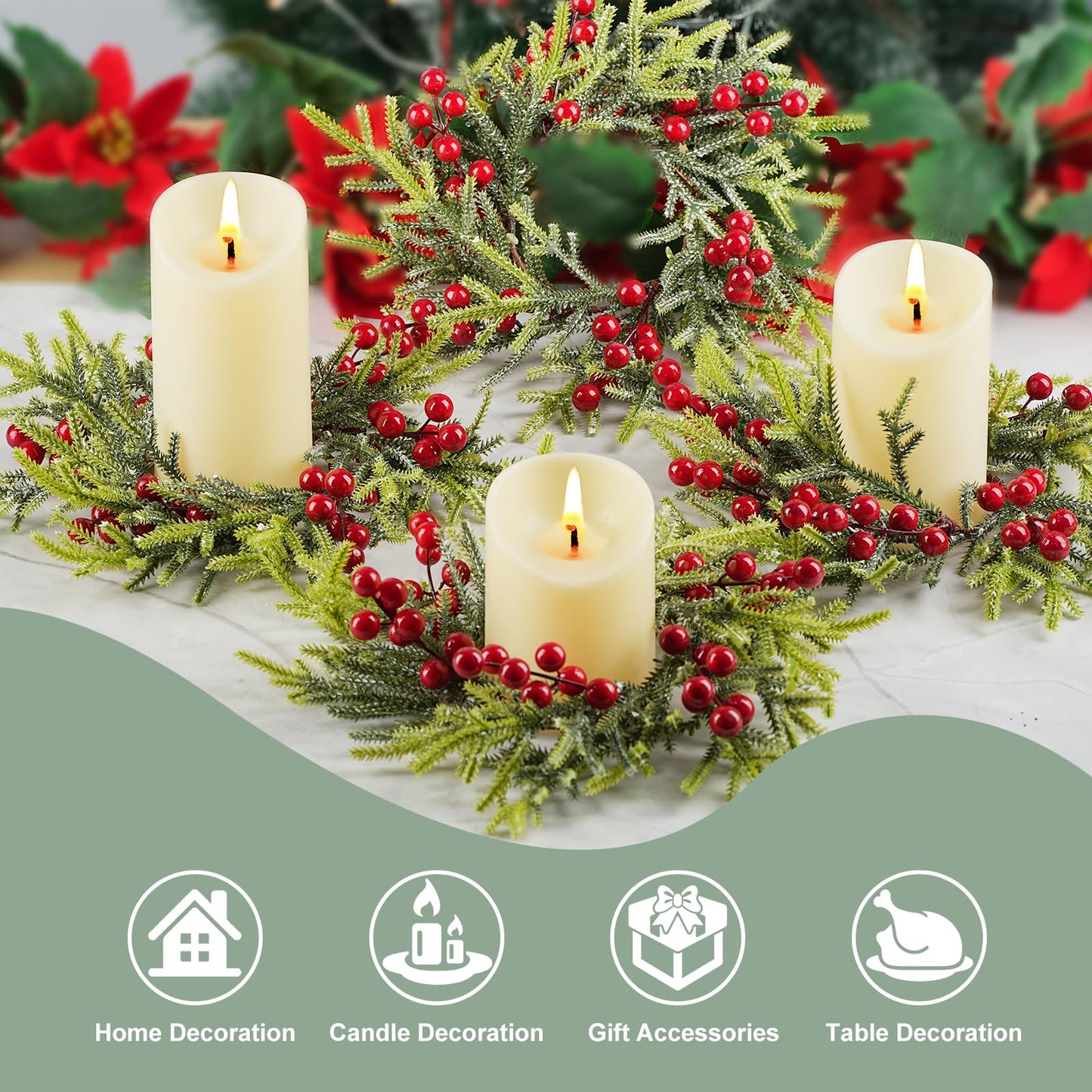 IWNTWY 6Pcs Christmas Candle Ring Wreaths, Artificial Red Berries Pine Branches Leaves Candle Rings for Pillars Candle Holder, Home Christmas Party Table Centerpiece Decoration
