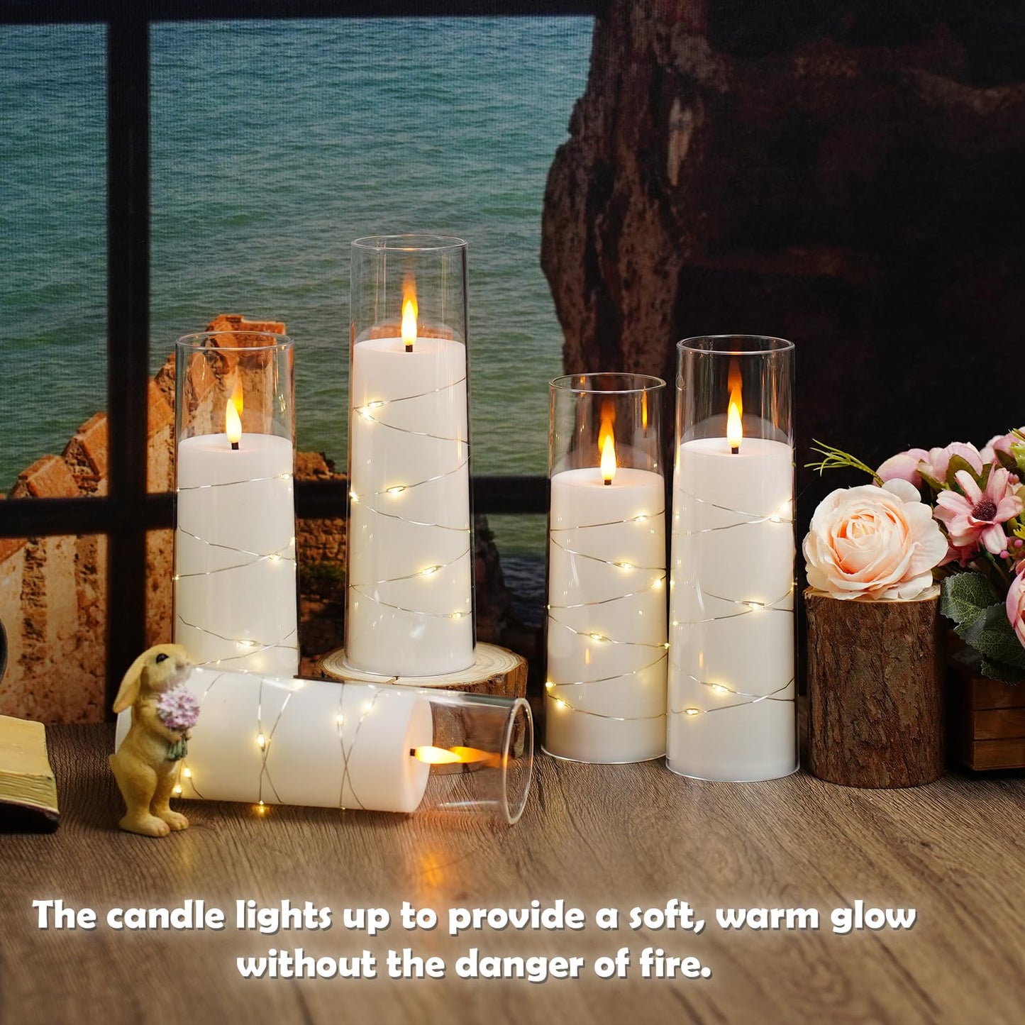 kakoya Flameless LED Candles with Timer 9 Pc Flickering Flameless Candles for Romantic Ambiance and Home Decoration Stable Acrylic Shell,with Embedded Star String，Battery Operated Candles（White）