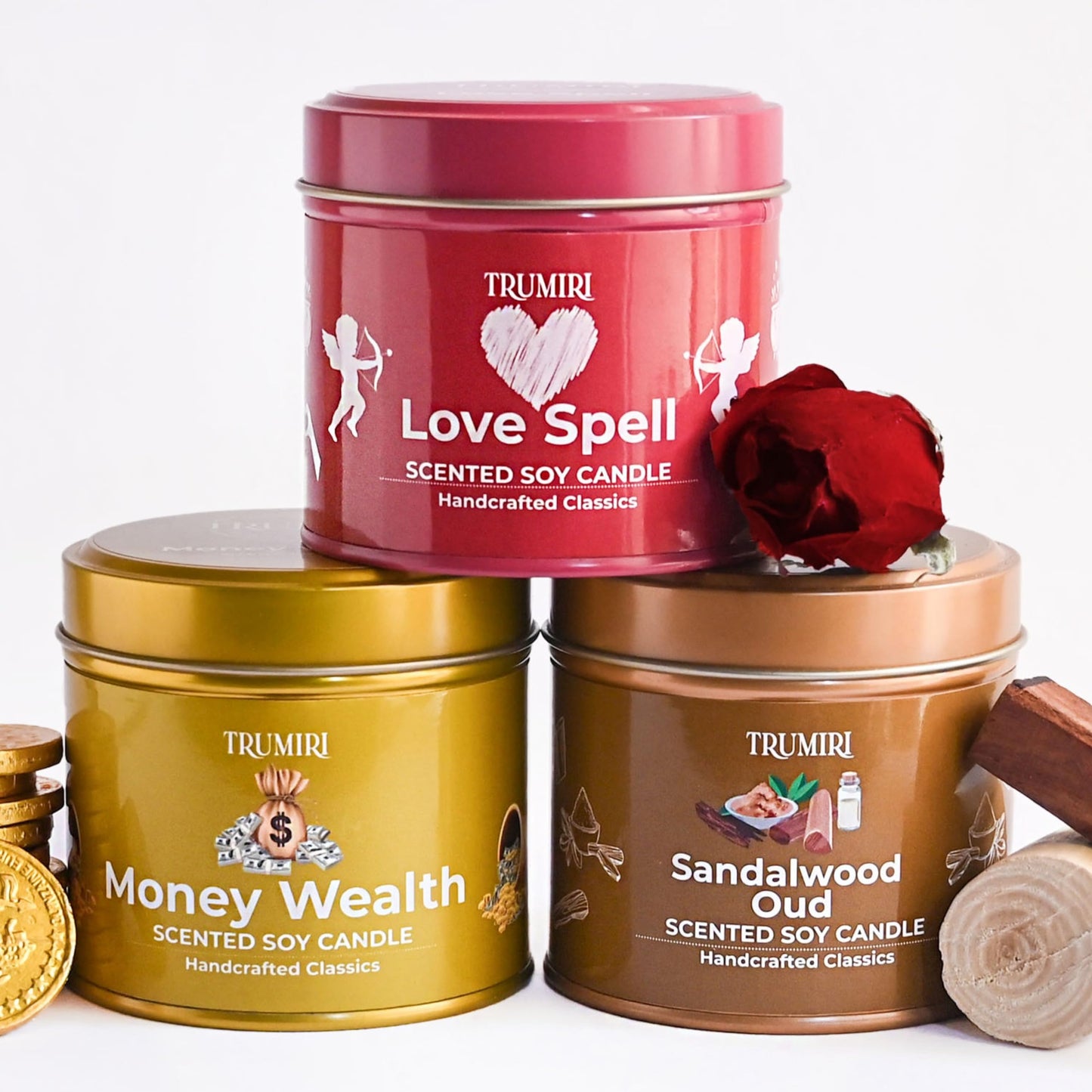 Love Spell, Money Wealth, Sandalwood Oud - Soy Candles Non Toxic - Highly Scented Long Lasting with Essential Oils - Variety Pack of 3 x 5oz - for Home Aromatherapy Meditation Gift Travel