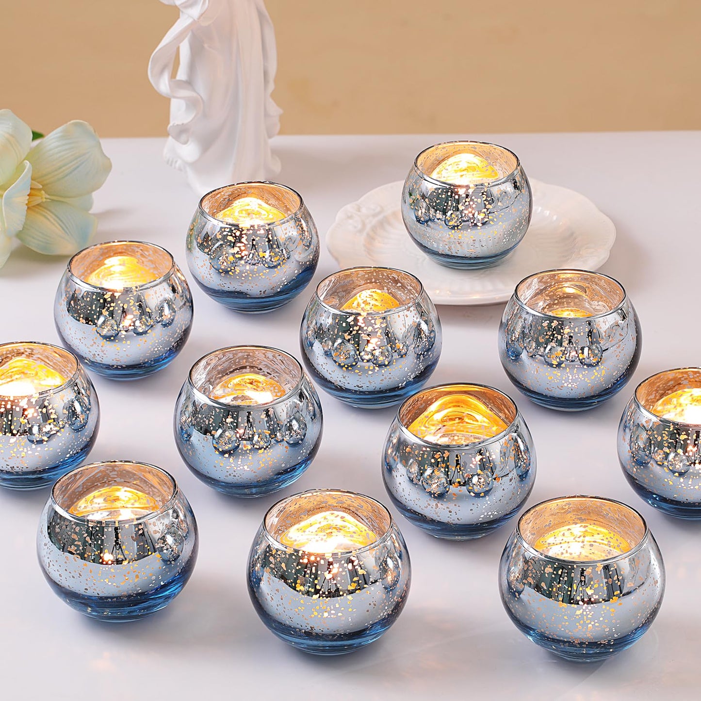 LETINE 36pcs Blue Votive Candle Holders - Elegant Mercury Glass Tea Light Candle Holder Set for Spring Summer Weddings, Holiday Season Decorations, Valentine's Day Table Centerpieces
