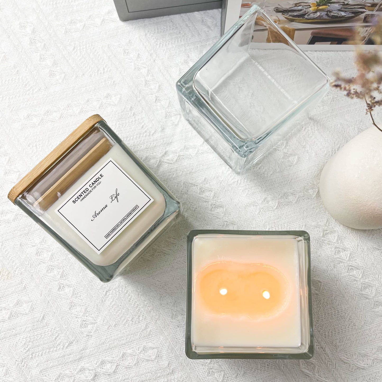 Creahaus 9-Pack Thick Glass Square Candle Jars with Bamboo Lids - 10oz Capacity with Warning Labels - DIY Candle Vessels