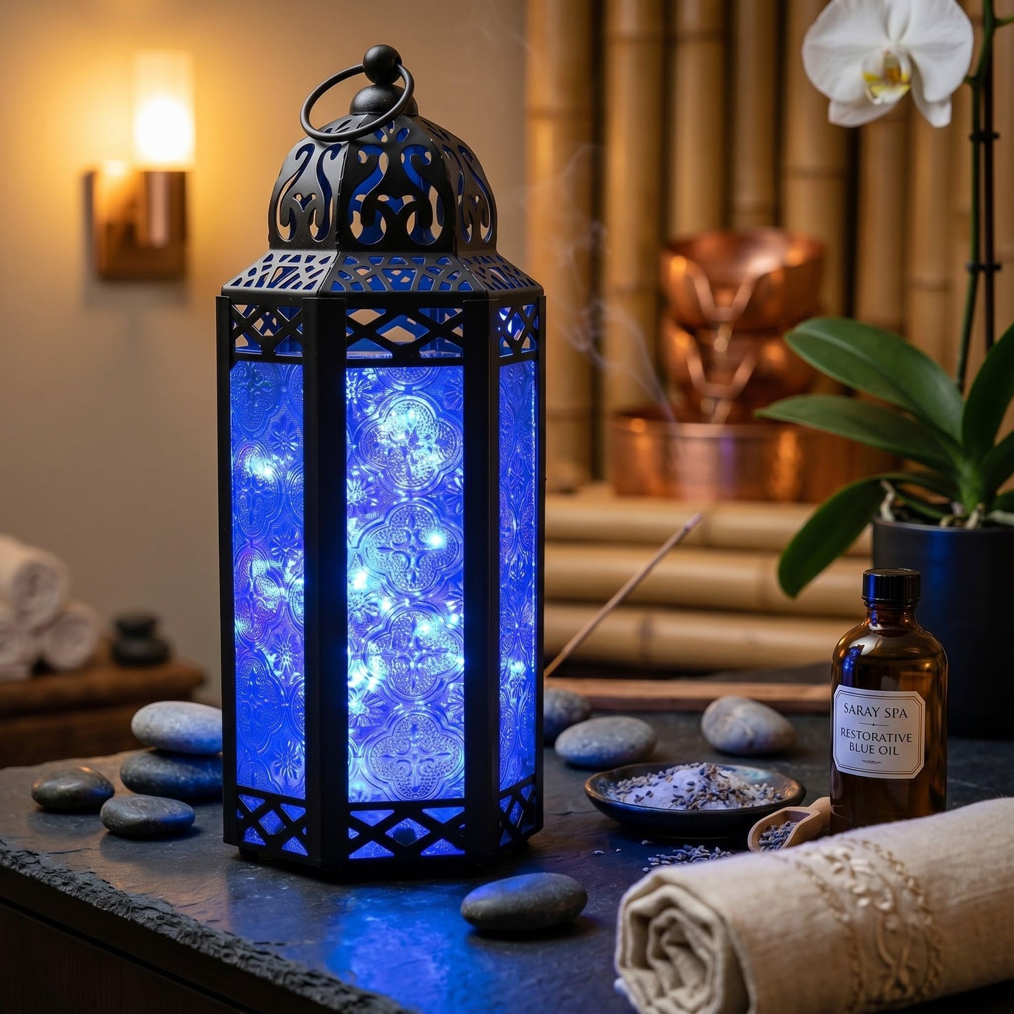 Vela Lanterns Decorative Indoor Moroccan Candle Holder & LED Fairy Lights -Twinkle Turkish Lamp, Fantasy Home Decor Table Centerpieces, Hanging Outdoor Patio Porch Wedding Ramadan (10.5", Cobalt)