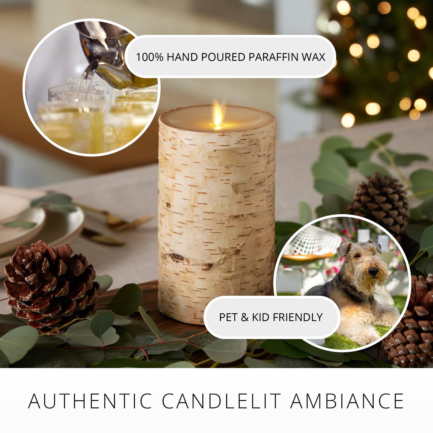 Luminara Realistic Artificial Flame Pillar Candle Wrapped with Real Birch Bark - Moving Flame LED Battery Operated Lights - Unscented - Remote Ready - Remote Sold Separately - 4.0" x 7.0"
