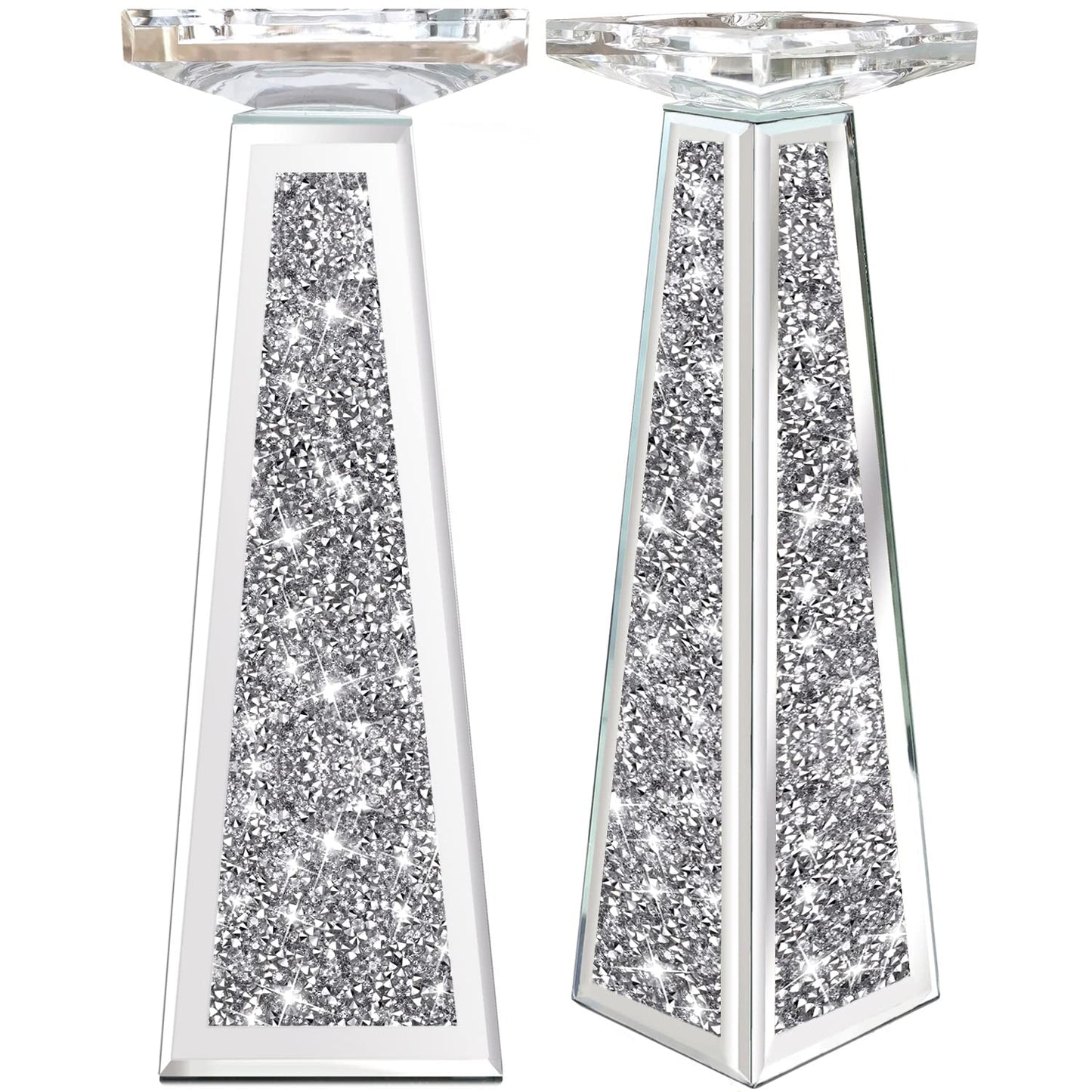 Wocred 2 Piece Candlestick Holders for Holding Pillar Candles, Crystal Crushed Diamond Candle Holders Set Decor for Dinning Room, Silver Glass Votive Candle Holders for Table Centerpiece(12”)