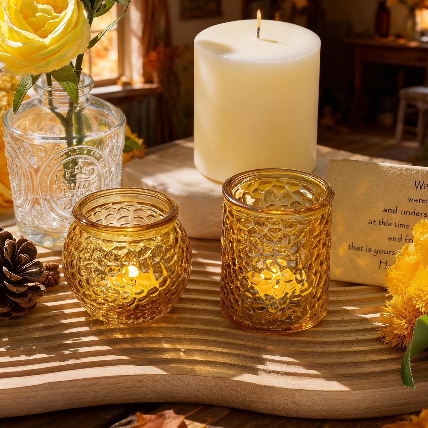 24-Piece Amber Glass Votive Candle Holders Set – Tealight Candle Holder Glass Bulk with 12 Round & 12 Hammered Textured Cups, Amber Votive Candle Holders for Weddings, Parties, Home