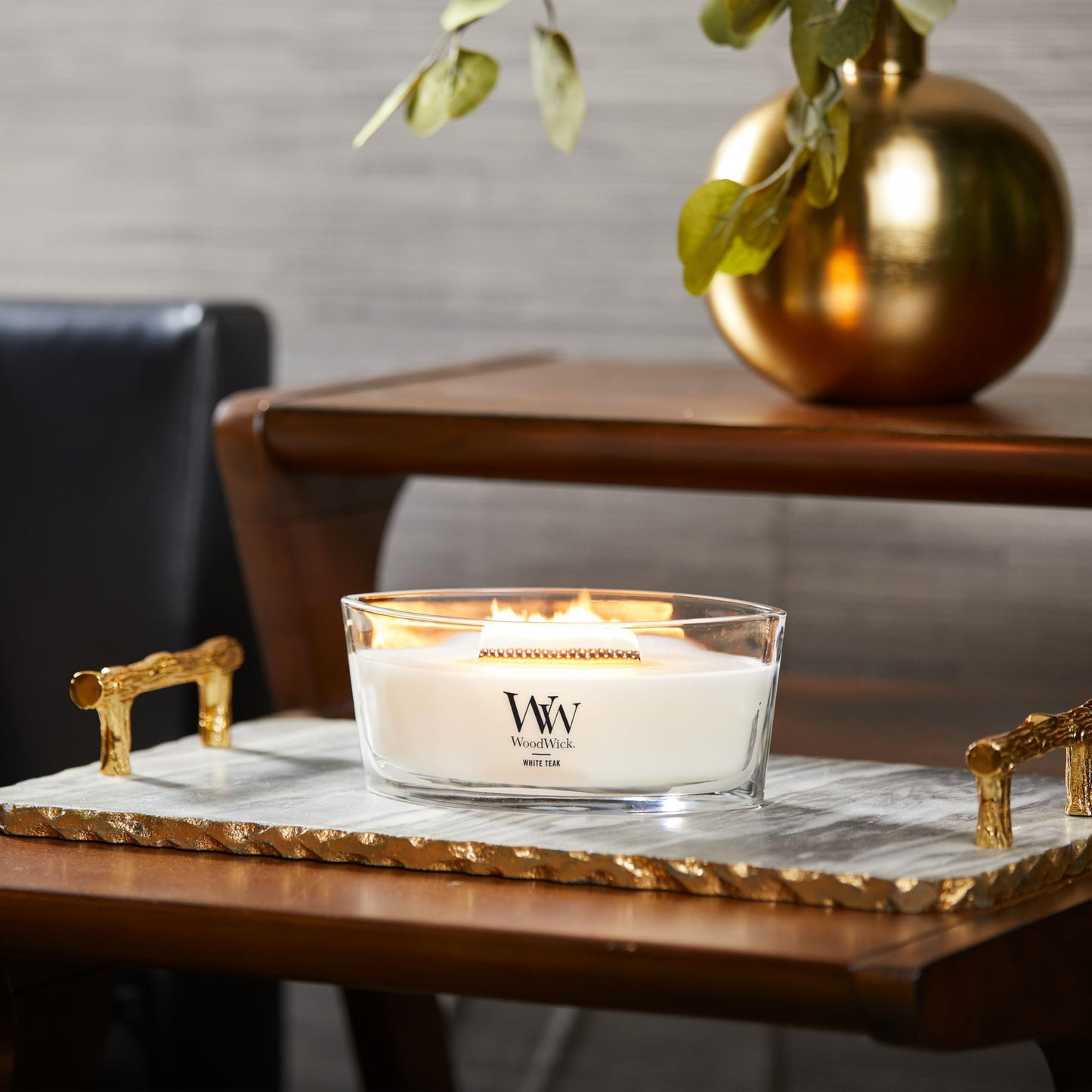 WoodWick White Teak Gifts for Women and Men, 16 oz Ellipse Candle with Crackling Wick