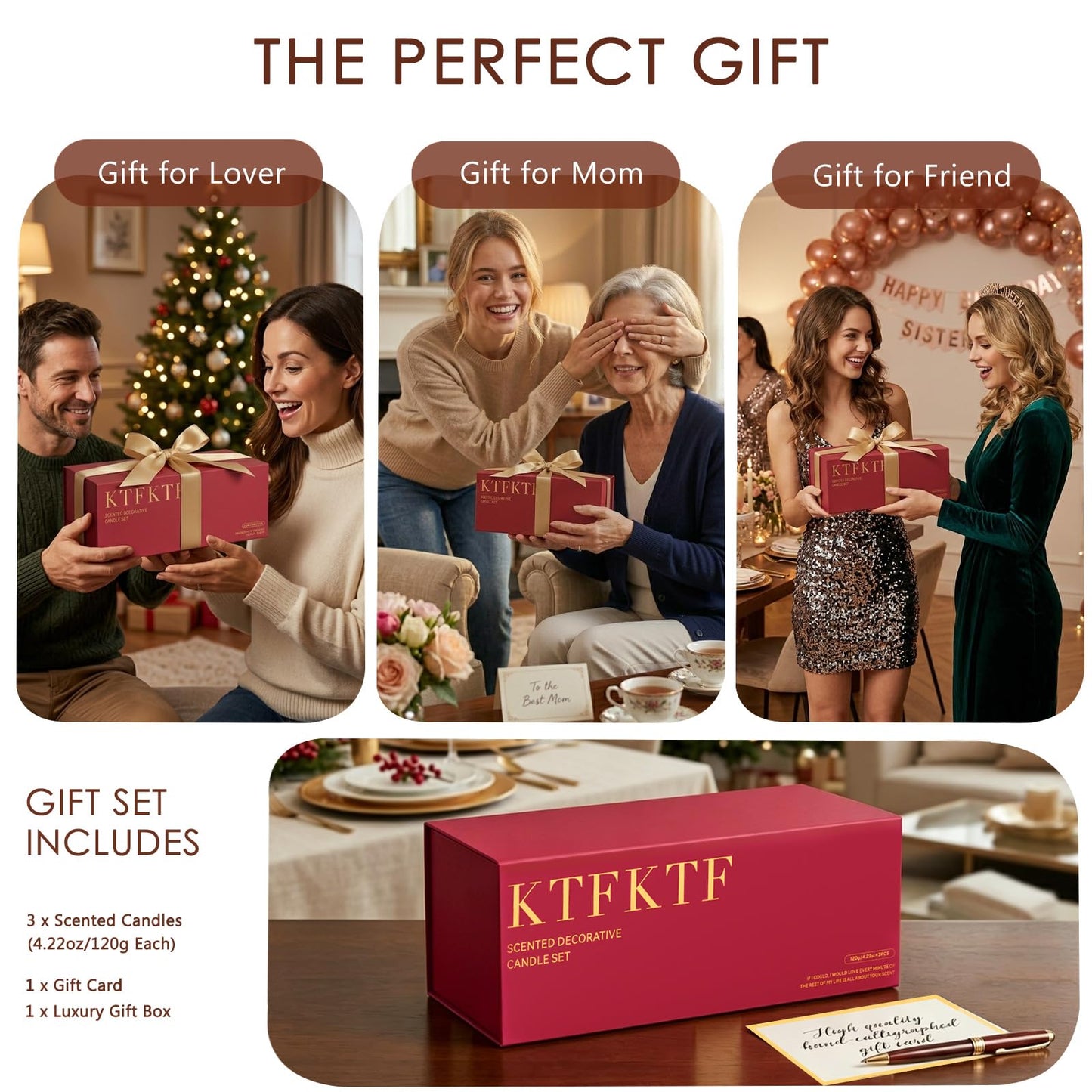 KTFKTF Scented Candle Gift Set for Women – 3 Pack Natural Soy Wax Candles, Apple Cinnamon, Pumpkin Nutmeg & Cedarwood Amber, 90 Hour Burn Time, Aromatherapy Candles for Home, Birthday & Holiday Gifts
