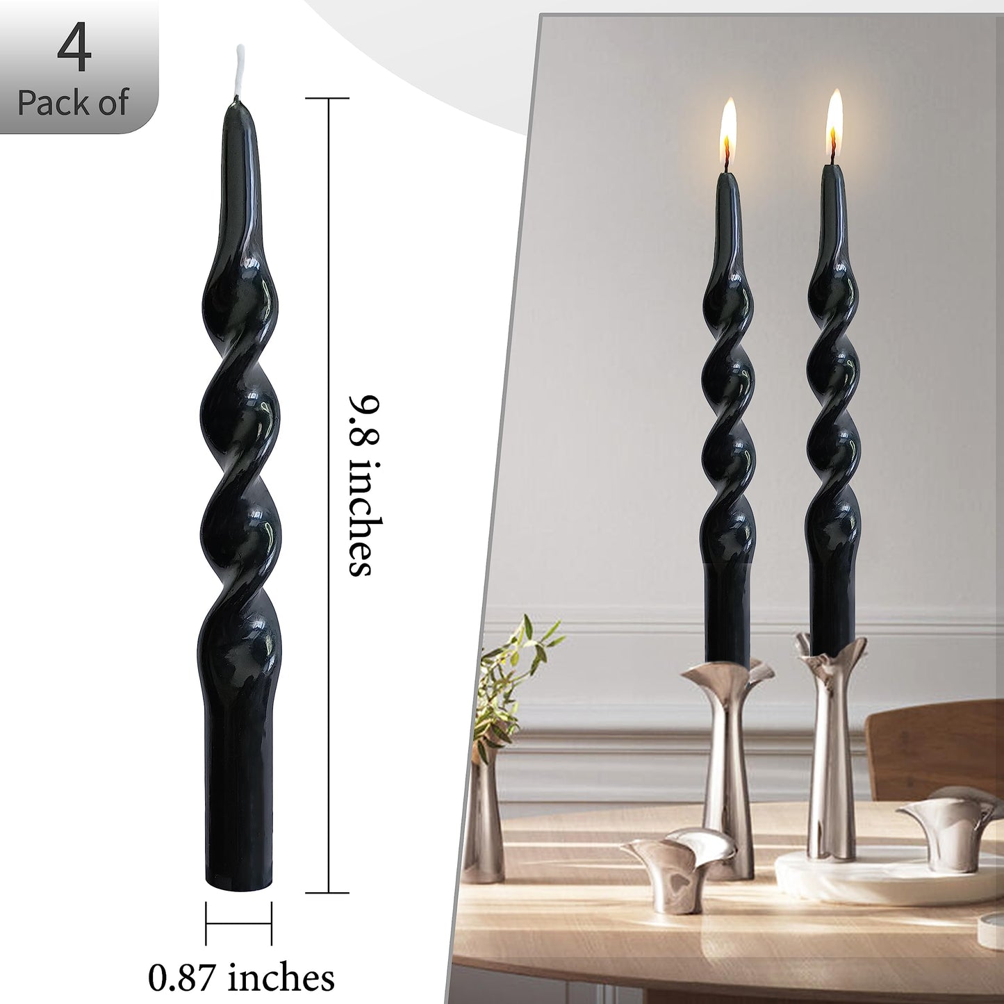 Halloween Taper Candle Black Candles - 4 PCS Spiral Candles Unscented Twisted Candlesticks 10 inch for Christmas Dinner Wedding Home Decor, Relaxation & All Occasions