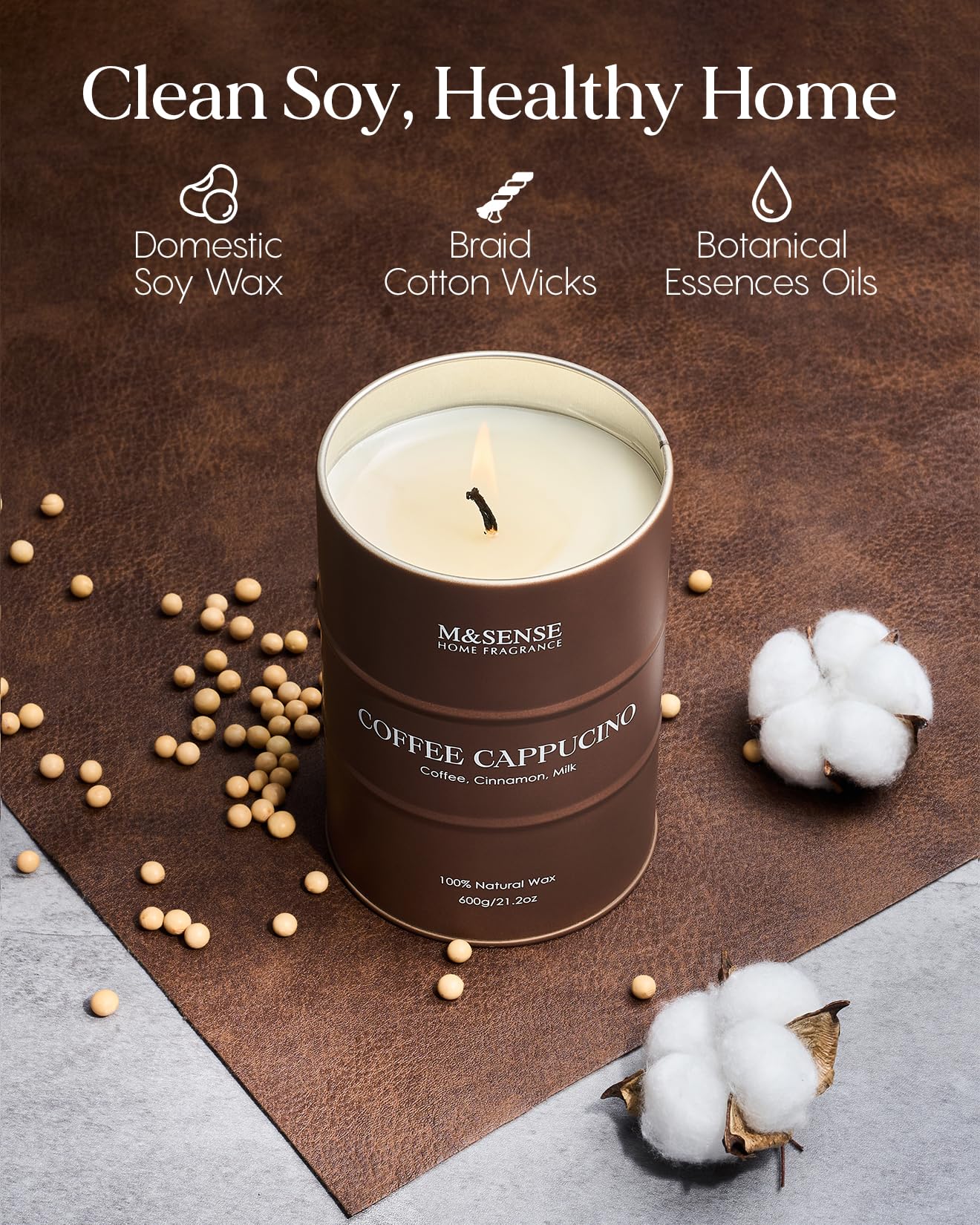 M&SENSE Coffee Cappuccino Large Scented Candles Christmas Decor, Hoilday Soy Wax Christmas Candle 21.2oz 120 Hours, Coffee Aroma Candle Unique Housewarming Appreciation Gifts