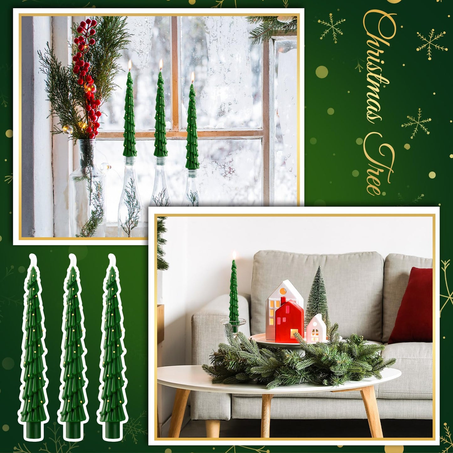 MTLEE Christmas Tree Shaped Taper Candles 10 Inch Unscented Christmas Tree Candles Decorative Aesthetic Xmas Relaxation Gifts for Centerpiece Decorations (Stylish,Green,6 Pcs)