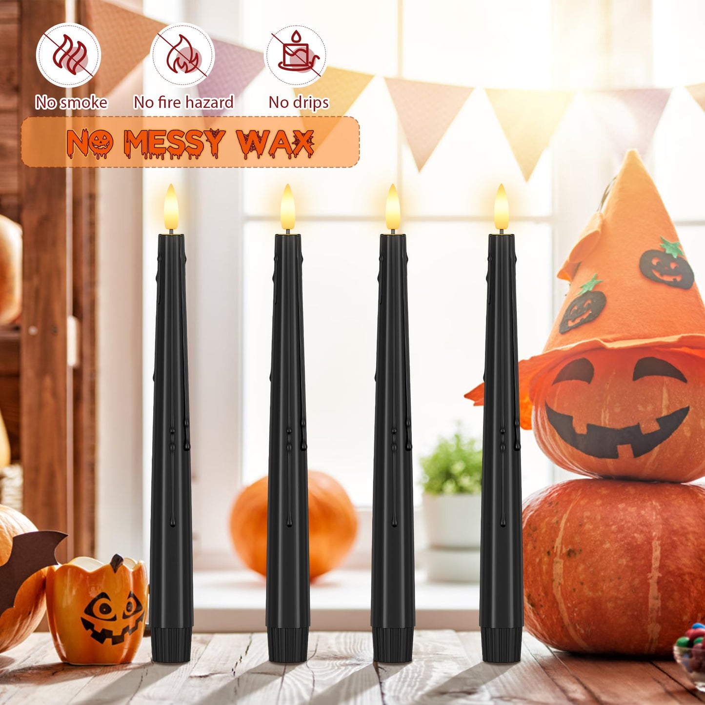 SHENSY 3 Pack Halloween Black Flameless Taper Candles –Drip Real Wax Battery Operated LED Candlesticks with 3D Flickering Flame, Remote & Timer – Haunted Decor for Spooky Tables & Windows