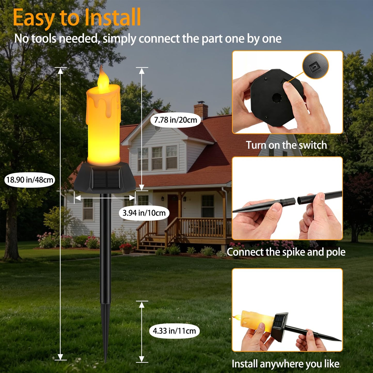 Weddinay Solar Flameless Candles Outdoor Waterproof, Patented Dual-LED Flickering Flame 7" Dripping Wax Pillar with Detachable Stake, 3-Sided Solar Base for Patio, Cemetery (2 Pack)