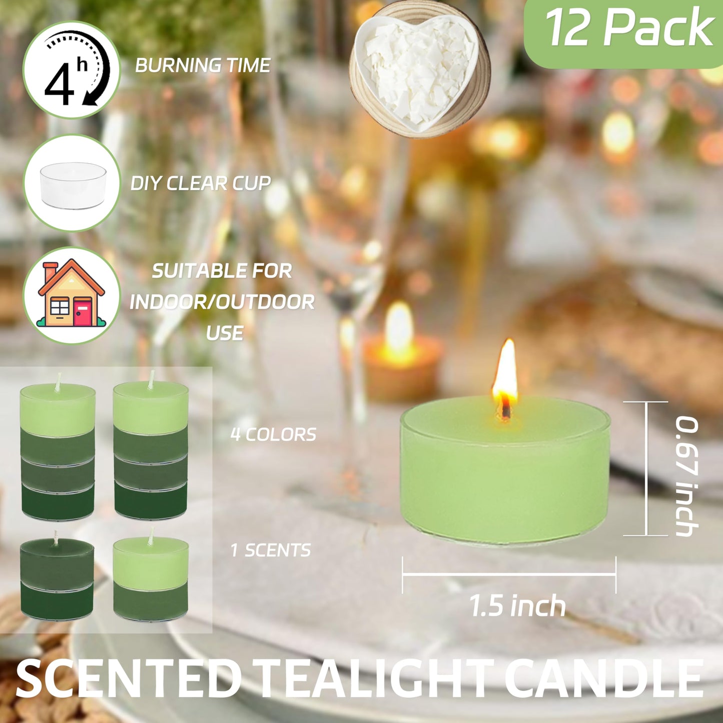 Scented Tea Light Candles 12 Pack Gradient Green Hand Poured Smokeless Small Round Candles in Clear Cups for Romantic Dinners Wedding Centerpieces Cozy Evenings