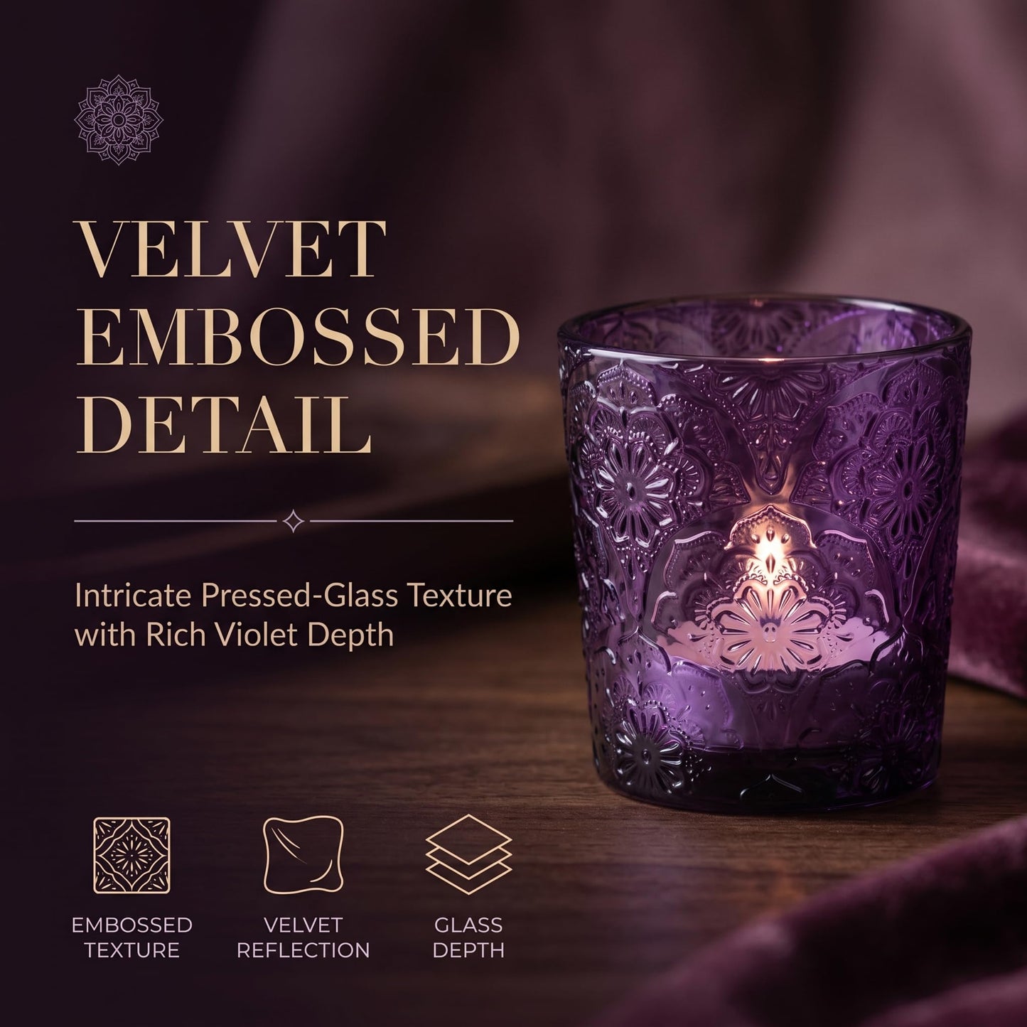 12 Pack Mandala Embossed Glass Candle Holders – Votive Tealight Holders with Patent Design, Decorative Embossed Glass Cups for Wedding Centerpieces, Parties, and Home Décor (Amethyst Bloom)