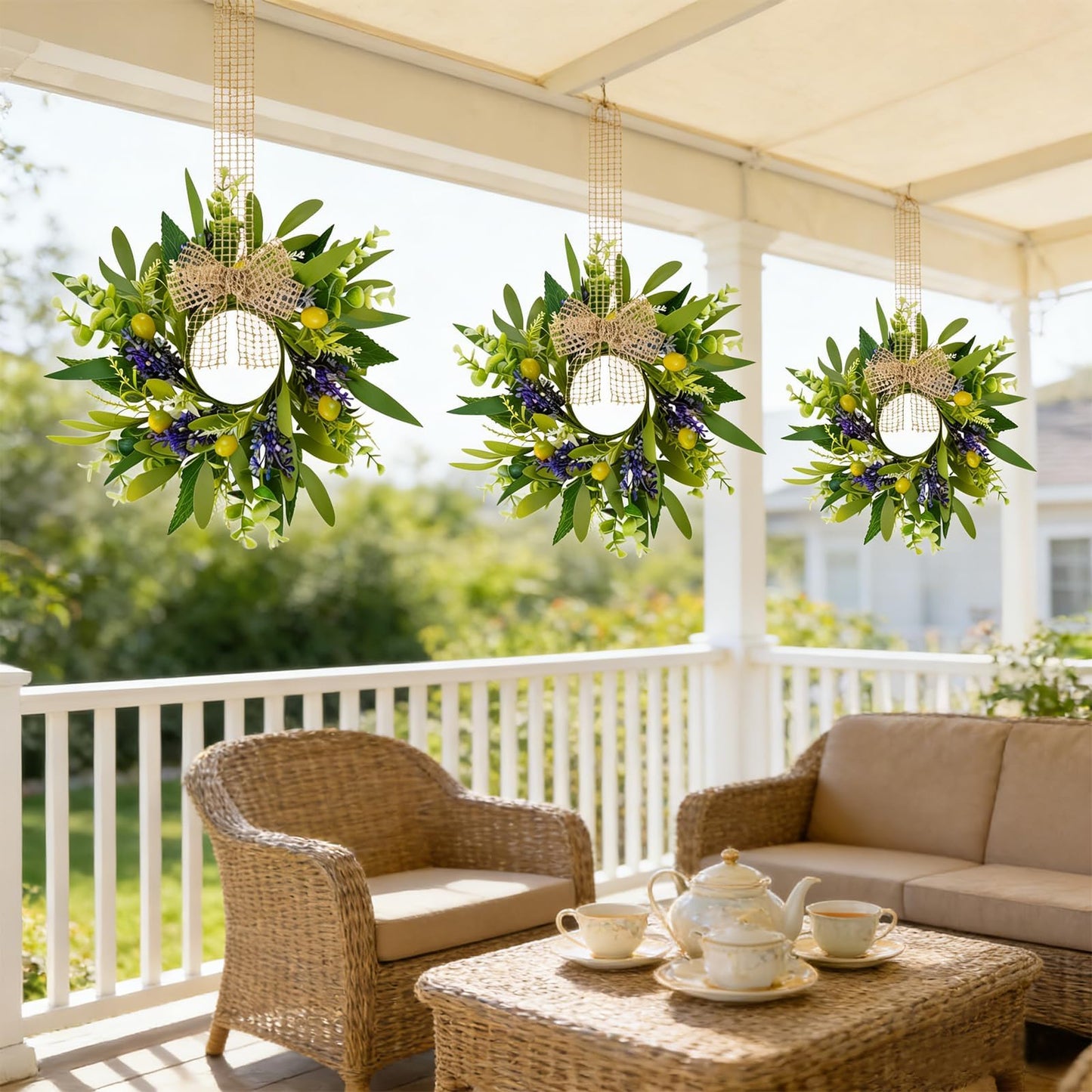 4 PCS Green Eucalyptus Olive Swag Wreaths for Pillars Spring Summer Greenery Kitchen Cabinet Wreaths Mini Green Boxwood Leaves Wreath with Ribbon for Front Door Porch Wall Window Farmhouse Decoration