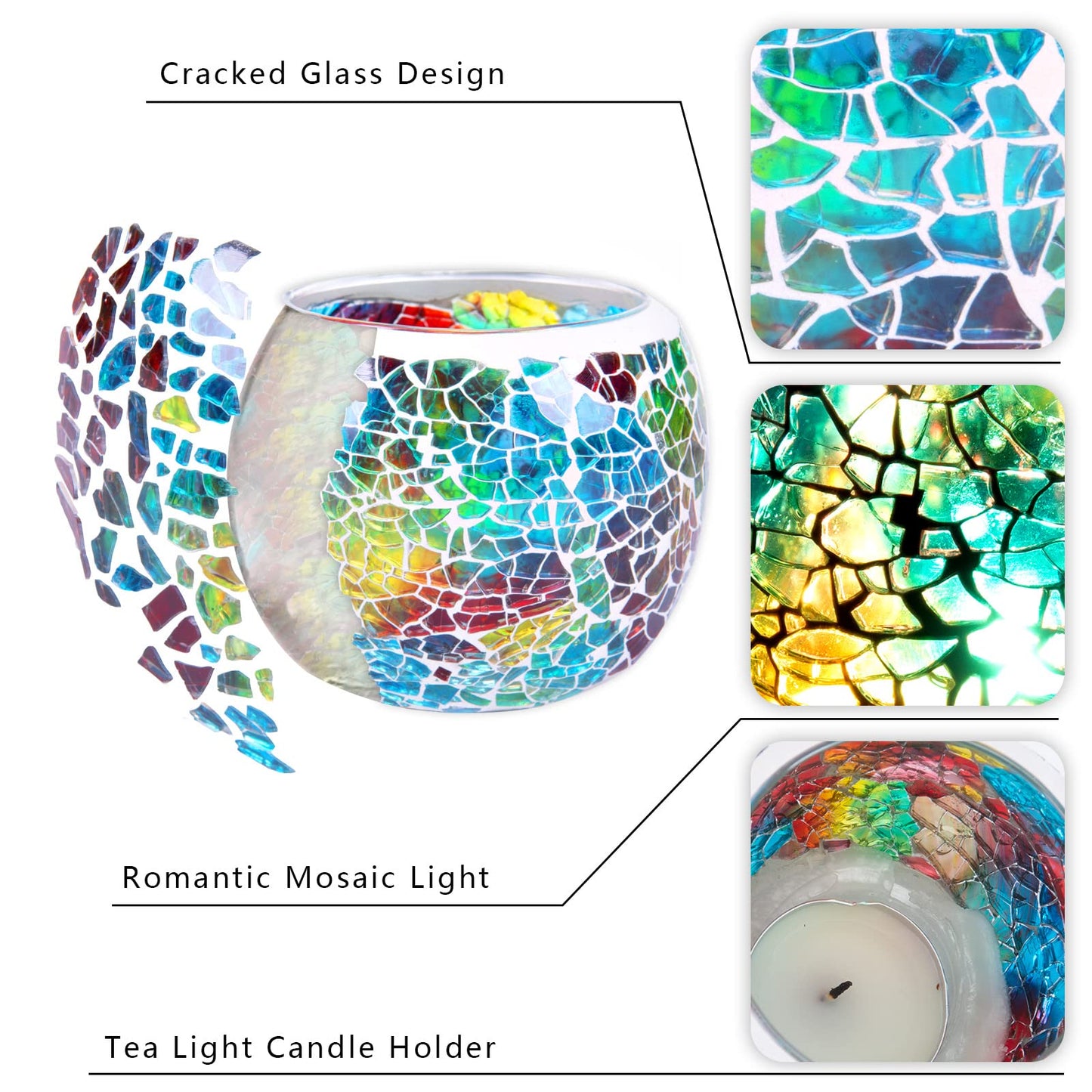 Scented Candle Holder Mosaic Glass Tea Light Holder,Handmade Romantic Glass Tealight Candle Holder for Aromatherapy,Party Décor(NO Candles),Also Used as Vase,Pen Holder,Potted Plants Bowl (Rainbow)