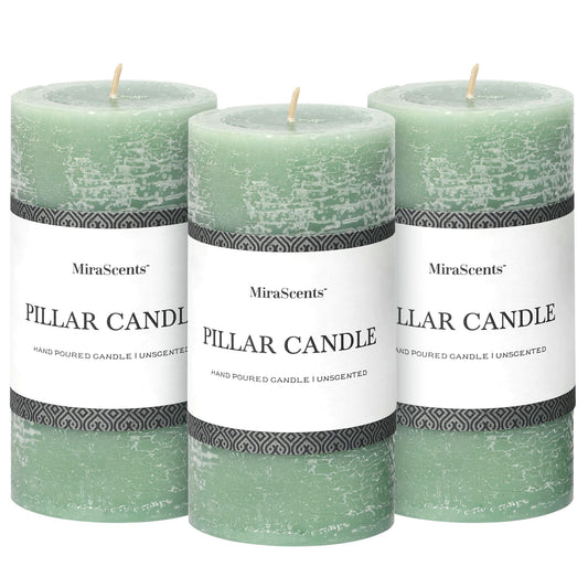 3x6 Inch Sage Green Pillar Candles Set of 3 - Unscented Spring, Long Clean Burning, Large Smokeless Dripless for Home Decor, Dinner Table, Bathroom, Rustic Decor
