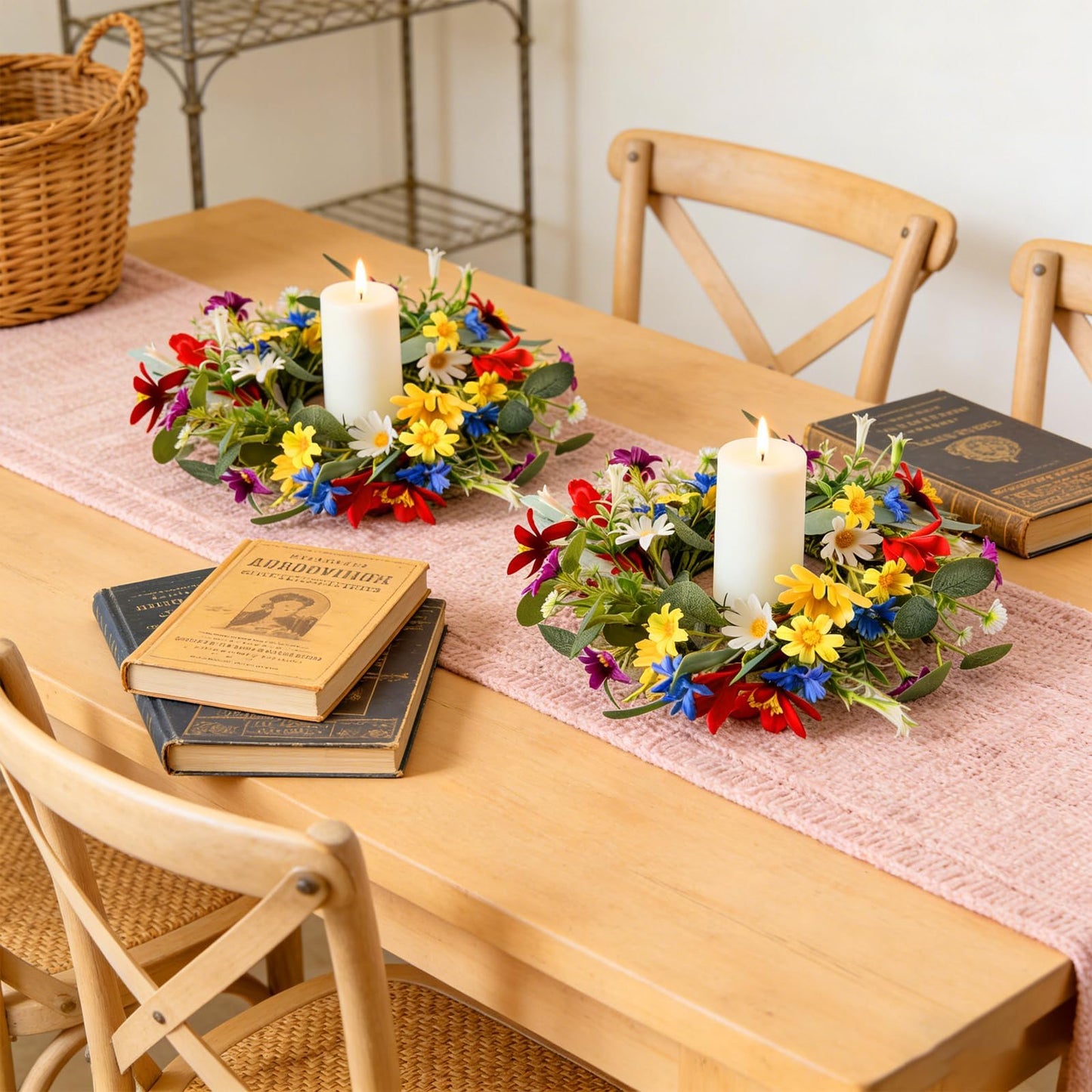 6 PCS Spring Summer Artificial Floral Candle Rings Wreath Sunflowers Daisy Forsythia Candle Rings Pillar Holder Wreath Mini Eucalyptus Candle Wreaths Kitchen Cabinet Swags for Home Tabletop Decor
