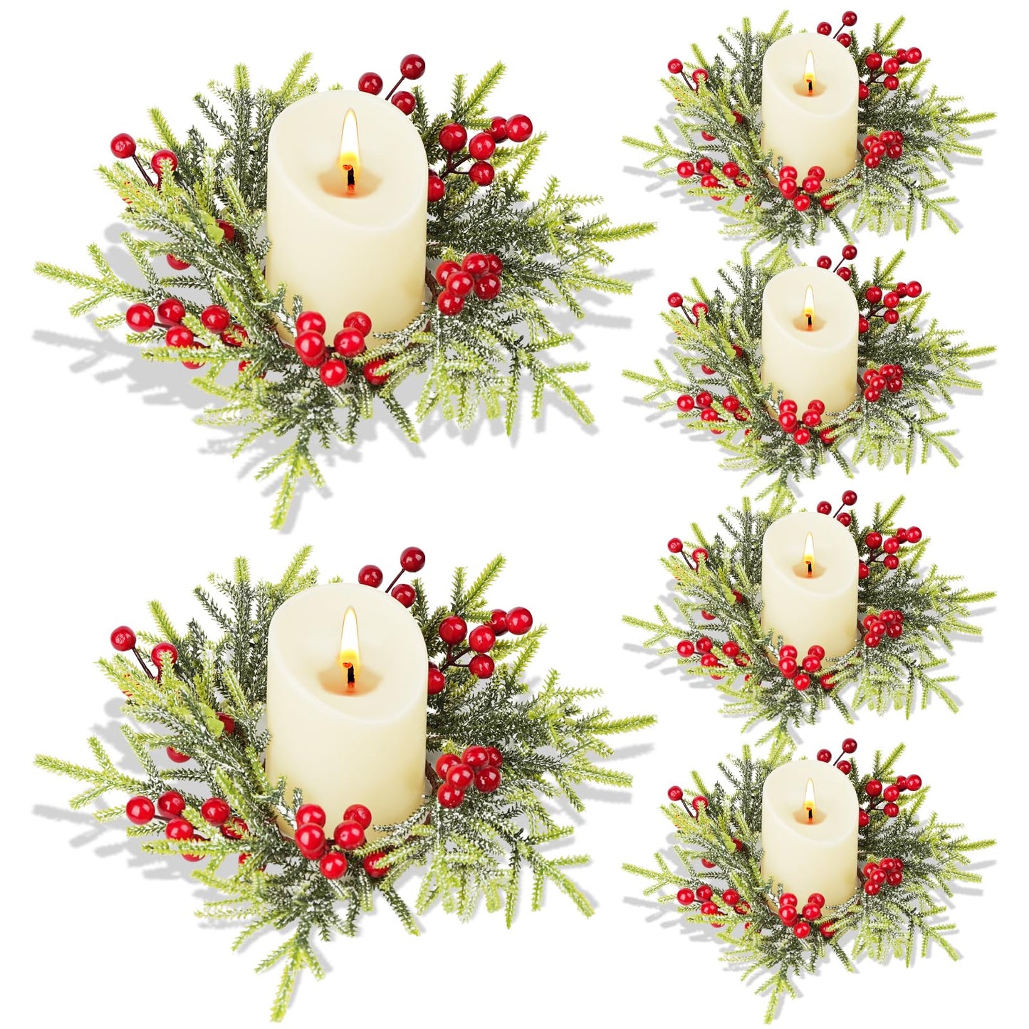 IWNTWY 6Pcs Christmas Candle Ring Wreaths, Artificial Red Berries Pine Branches Leaves Candle Rings for Pillars Candle Holder, Home Christmas Party Table Centerpiece Decoration