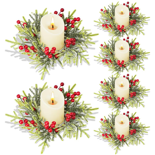 IWNTWY 6Pcs Christmas Candle Ring Wreaths, Artificial Red Berries Pine Branches Leaves Candle Rings for Pillars Candle Holder, Home Christmas Party Table Centerpiece Decoration