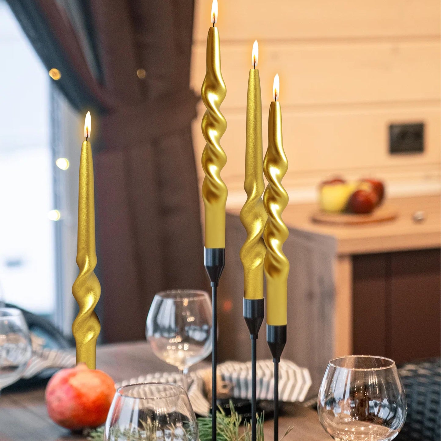 Christmas Spiral Candles Metallic Goldd Taper Candles -10 in Unscented Candlestick for Winter Gift Holiday Christmas Home Decoration Candles, 4 Pack