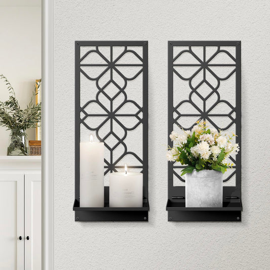 Black Metal Wall Candle Holder Set of 2, Boho Vintage Farmhouse Bathroom Wall Art, 3D Rustic Aesthetic Line Decor for Entryway, Hallway, Bedroom, Office, Living Room - Meaningful Gift (16.5 x 7 in)