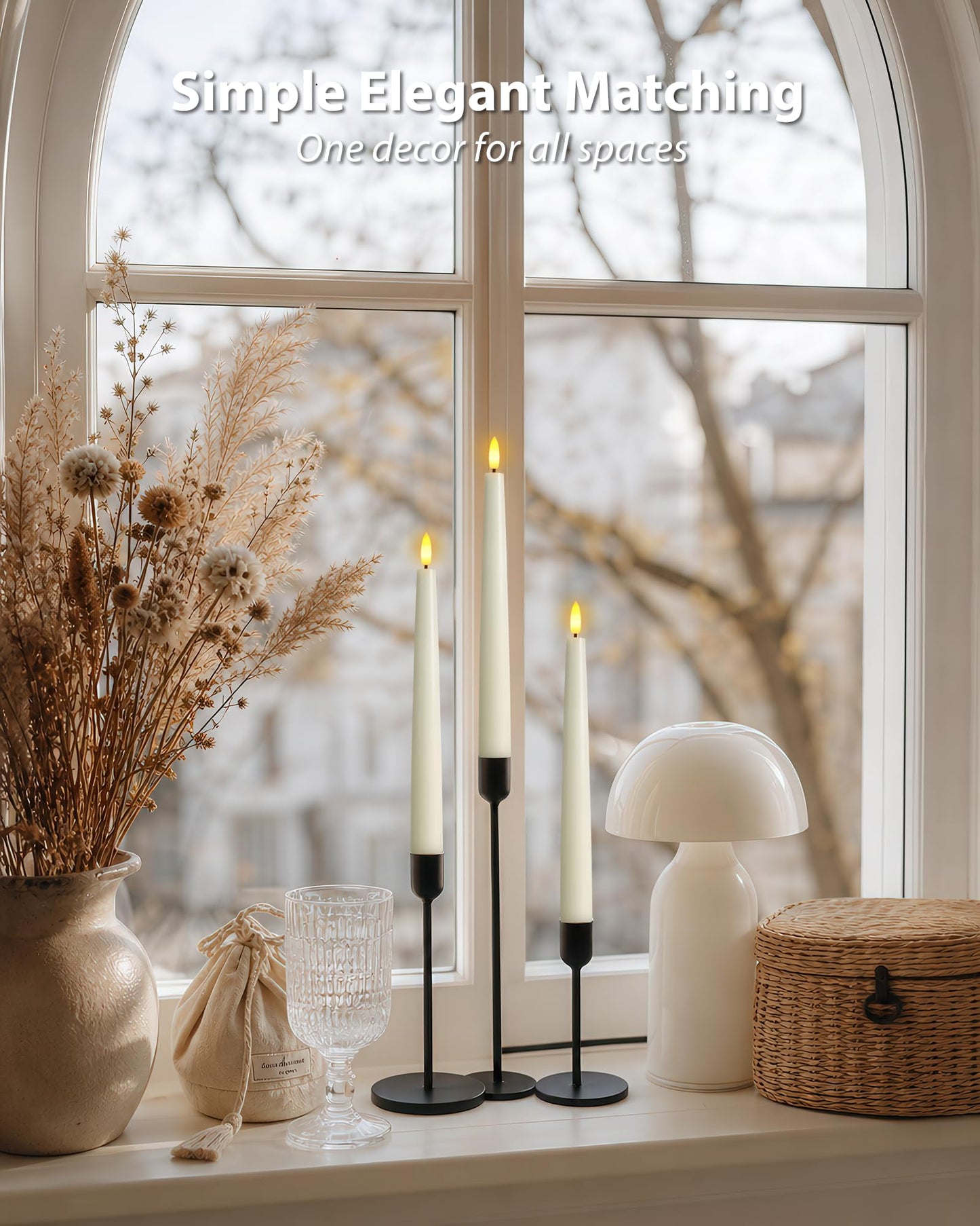 Homemory 9.6 Inches Waxy Flameless Taper Candles with Remote Timer Dimmer, Flickering LED Candlesticks, Battery Operated Window Candle for Christmas Wedding Home Decor, Ivory, 6 Pcs