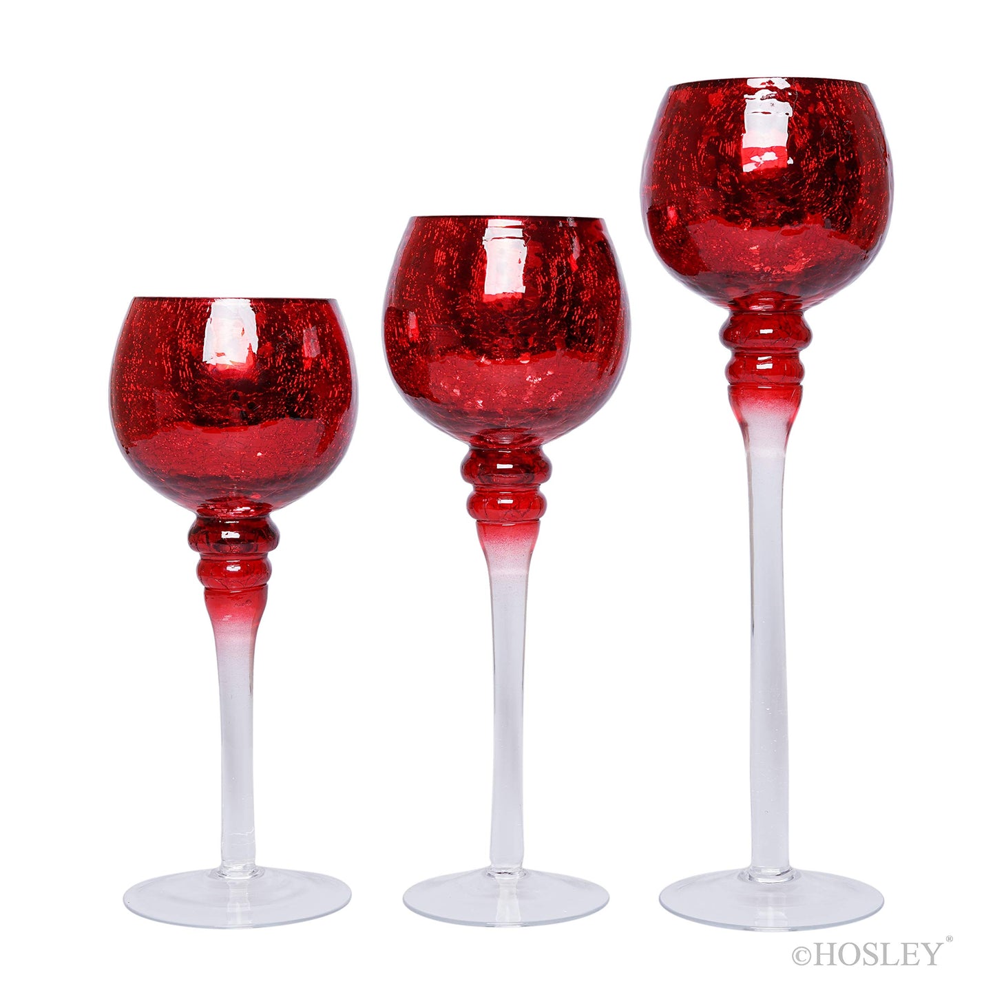 Hosley Set of 3 Crackle Red Glass Tealight Holders - 12 Inch, 10 Inch, 9 Inch Ideal for Weddings Special Events Parties Also Makes a Great Gift