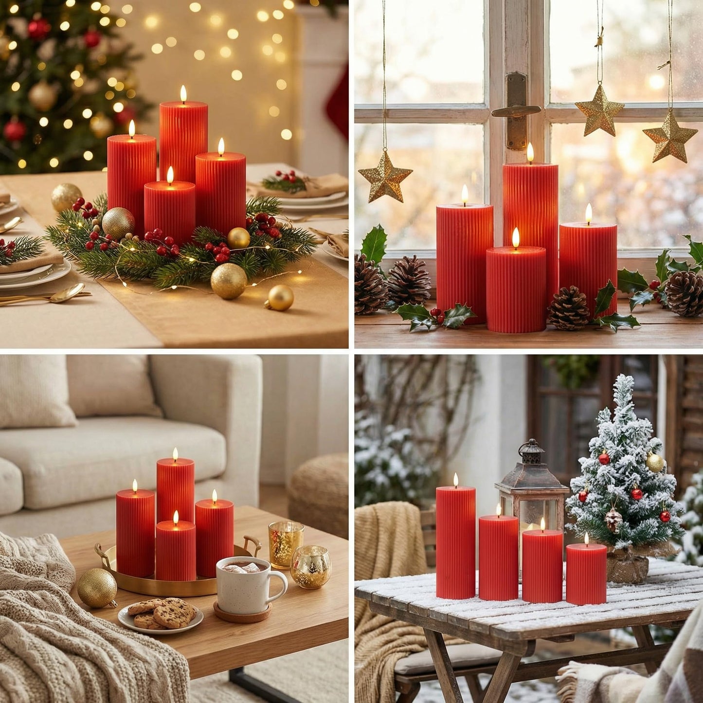 Girimax Red Ribbed Flameless Pillar Candles with Remote, Flat Top Flickering LED Wax Candles Battery Operated Set of 4