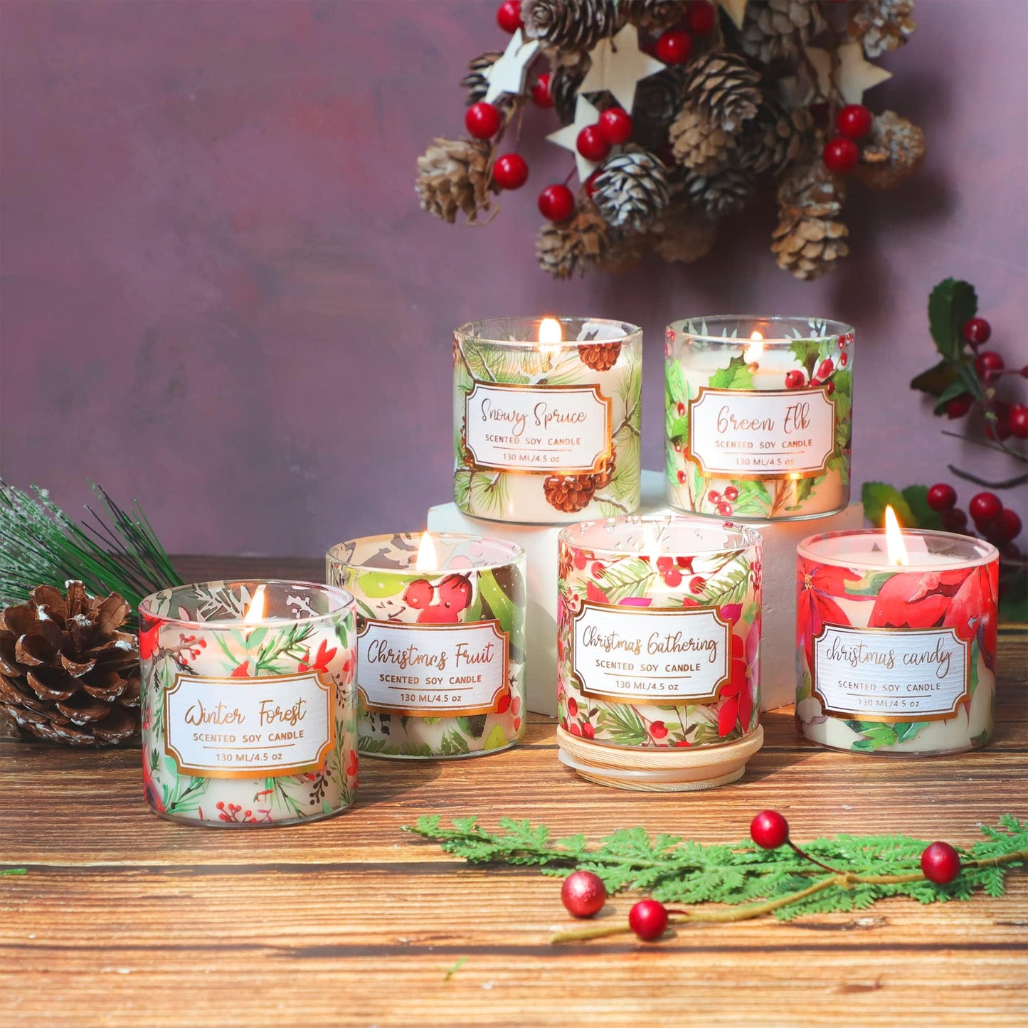 FLAVCHARM 6 Pack Christmas Scented Candles with Lid Soy Wax Strong Fragrance Different Scent Clean Burn Long Time Aromatherapy Glass Jar Candles for Home Scented Xmas Theme Decorations Gift Set