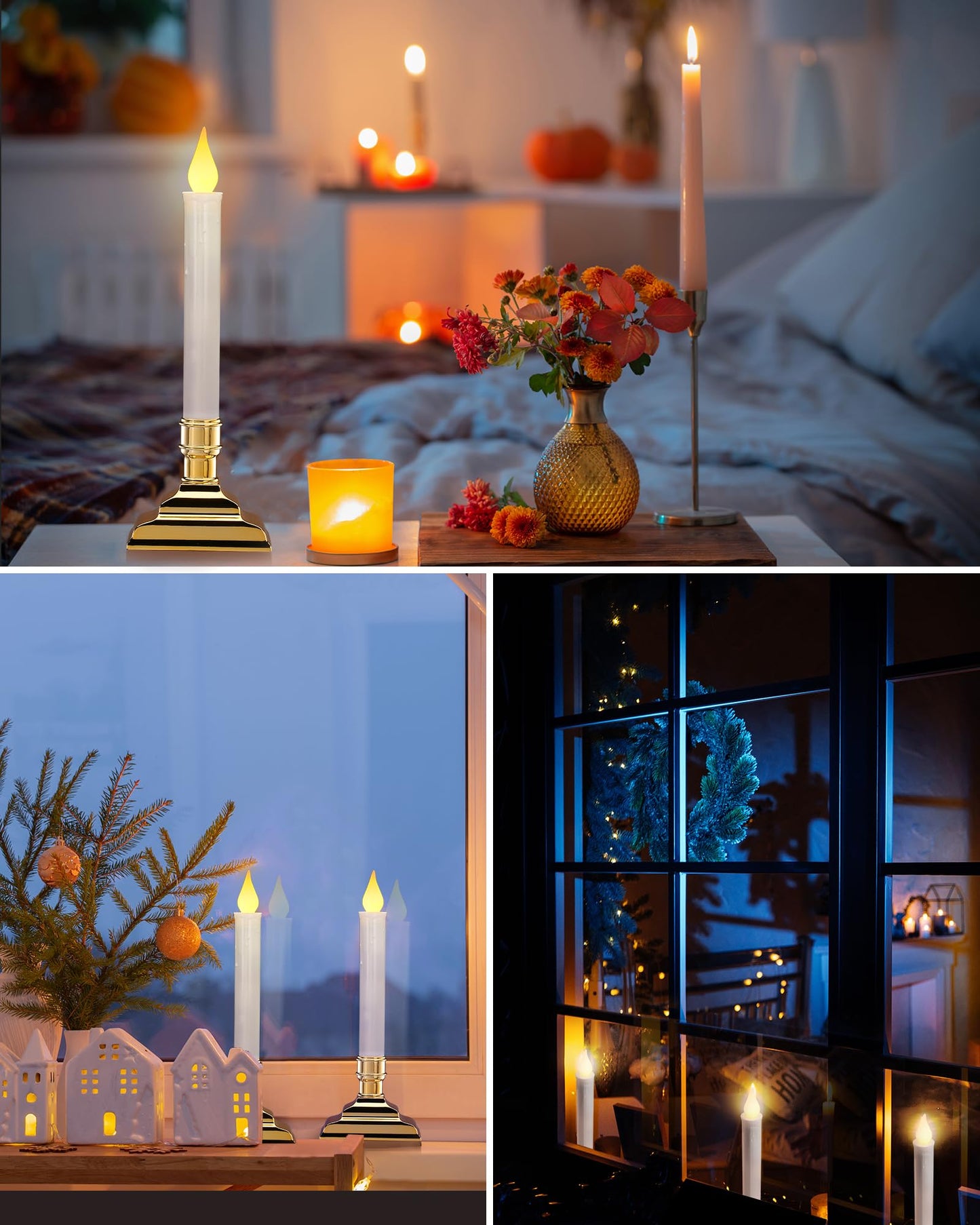 SURAIELEC 4 Pack Battery Operated Window Candles with Timer, Window Candle Lights with Removable Candle Holders, LED Christmas Candles for Christmas Windows, Mantel, Dining Table, Gloss Gold