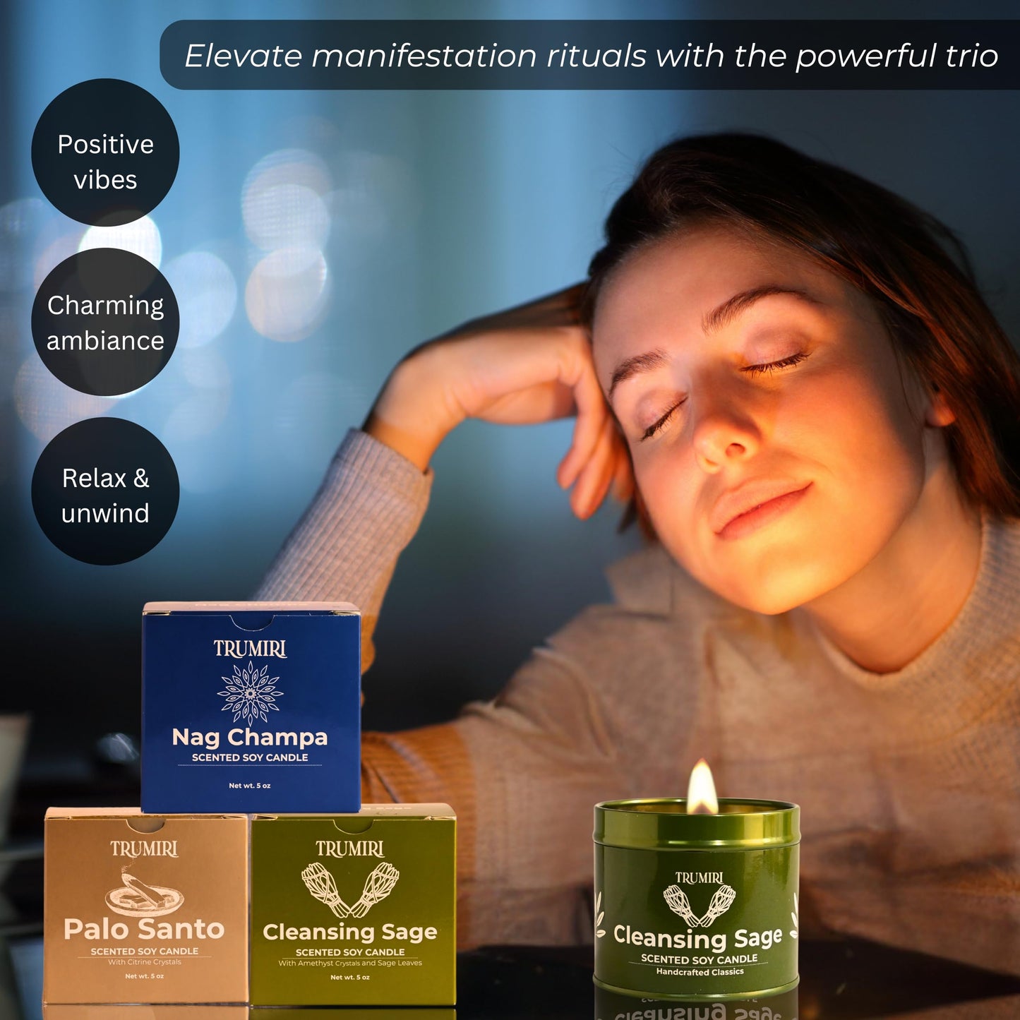 Cleansing Sage, Palo Santo, Nag Champa - Soy Candles Non Toxic - Highly Scented Long Lasting with Essential Oils - Variety Pack of 3 x 5oz - for Home Aromatherapy Meditation Gift Travel