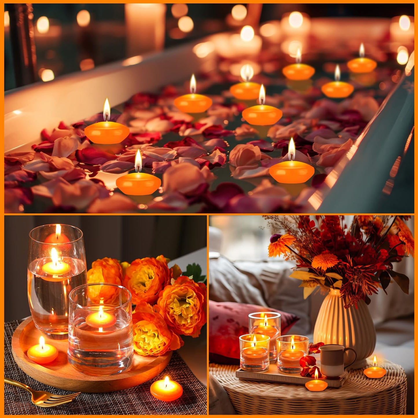 Nuanchu 30 Pcs Orange Floating Candles Centerpieces Bulk 1.5 Inch Small Unscented Votive Floating Candles Decoration for Wedding Party Anniversary Holiday Party Gifts Home Pool Decor