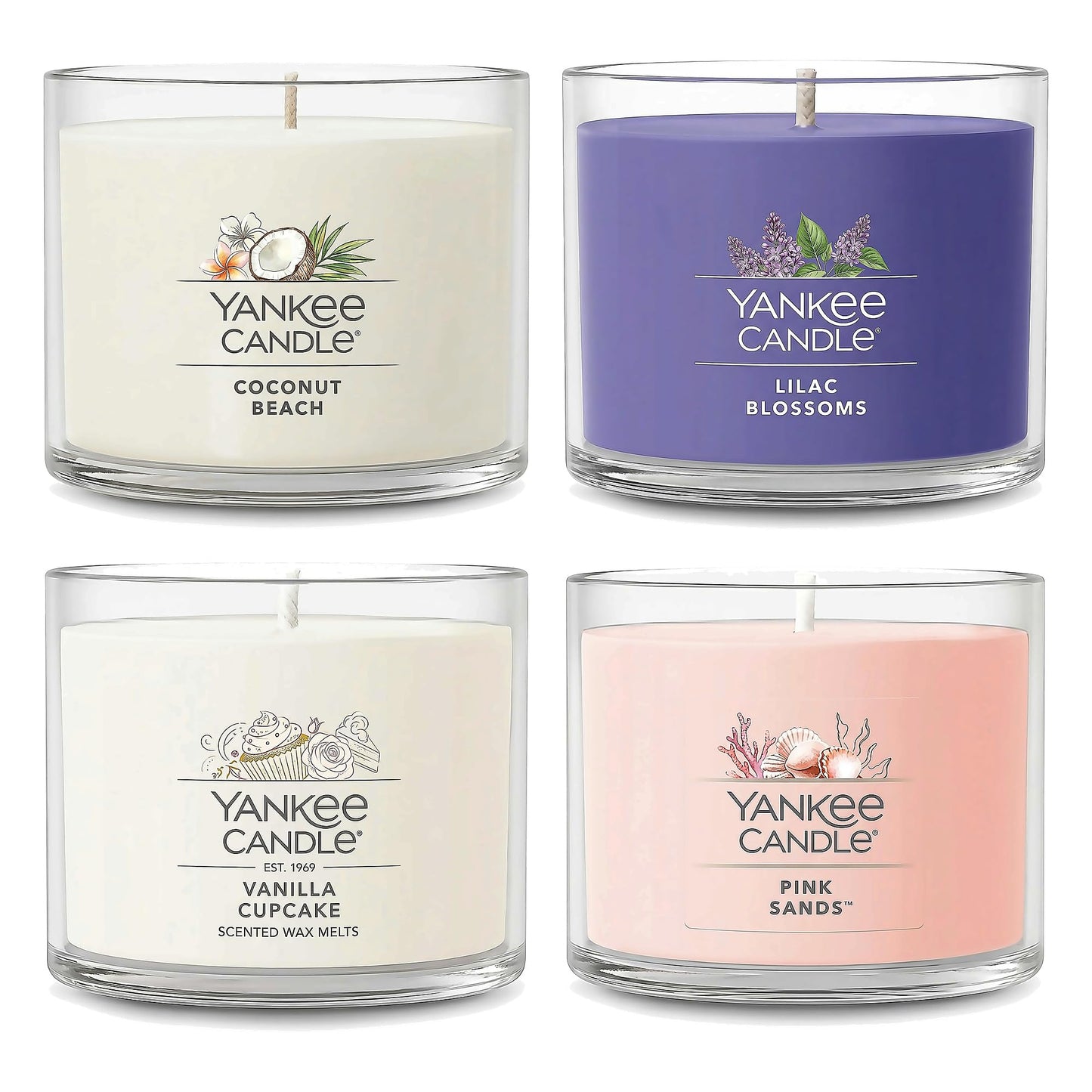 Yankee Candle Mini Jar Scented Candles, Small Single Wick Candle Set, Soy Wax Blend, Vanilla Cupcake, Lilac Blossoms, Coconut Beach, Pink Sands (Sweet Serenity Variety Pack)