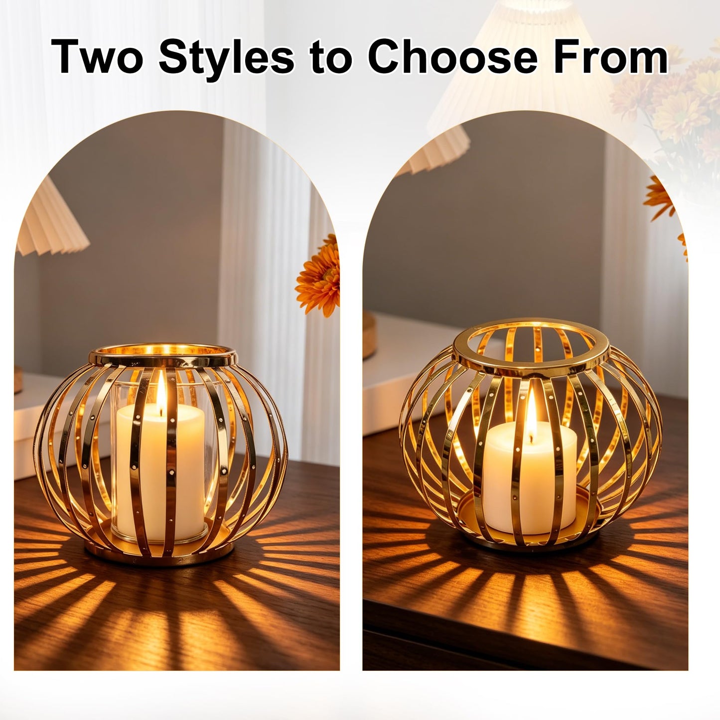 HiSnug Hurricane Candle Holders for Pillar Candles - Lantern Candlestick Holder with Clear Glass Sleeve, 2 PCS Elegant Decorative Candleholders for Dining Table Centerpiece Home Decor, 2PCS, Gold