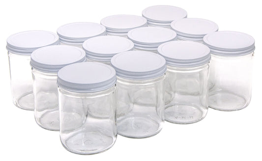 North Mountain Supply 16 Ounce Glass Wide Mouth Straight-Sided Canning Jars - with White Metal Lids - Case of 12