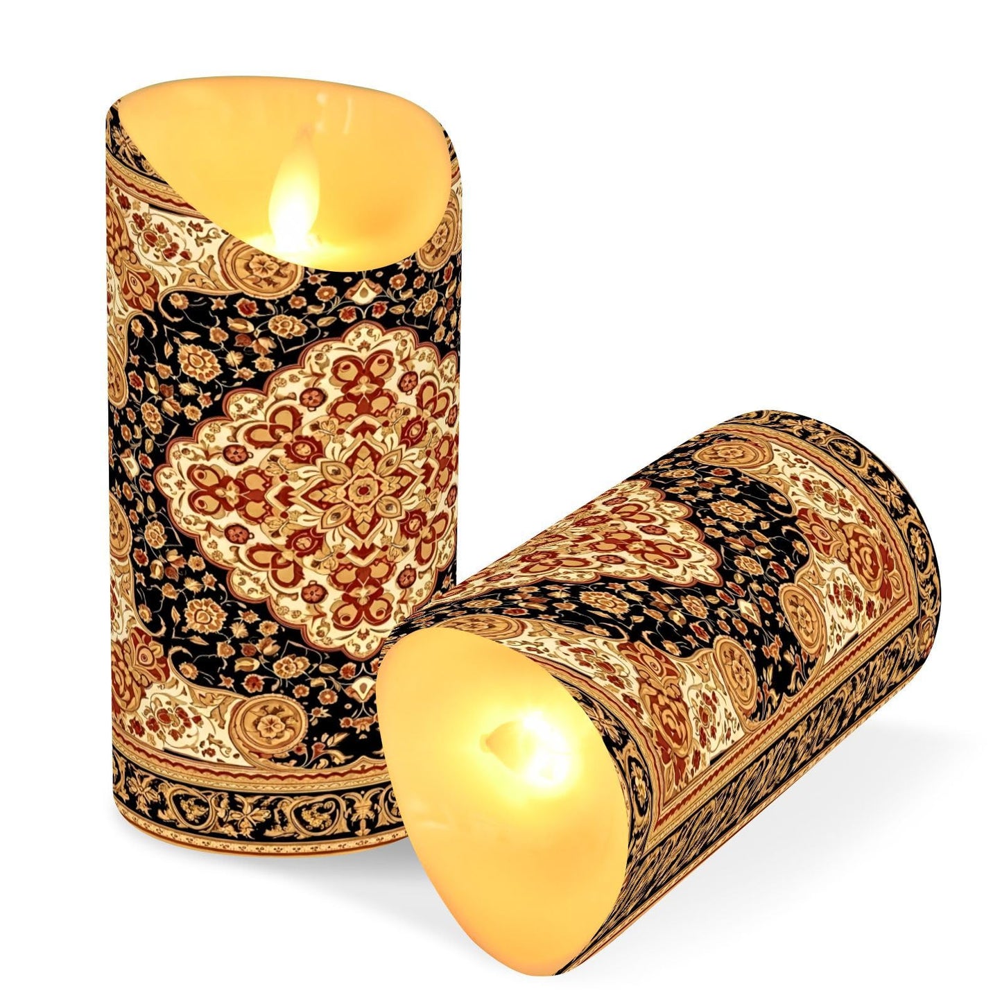 Gravopti Oriental Medallion 2 Pack Flameless LED Pillar Candles with Remote & Timer, Battery Operated, Flickering Wax Candle for Wedding, Romantic Home & Party Decor