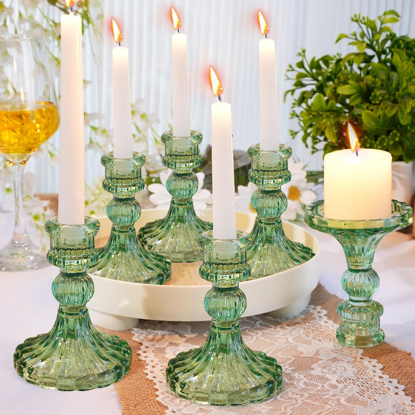 Maxcheck Set of 6 Candlestick Holders Taper Glass Candle Holder Decorative Candle Stand for Wedding Party Table Centerpiece Anniversary Festival Home Decor(Green)