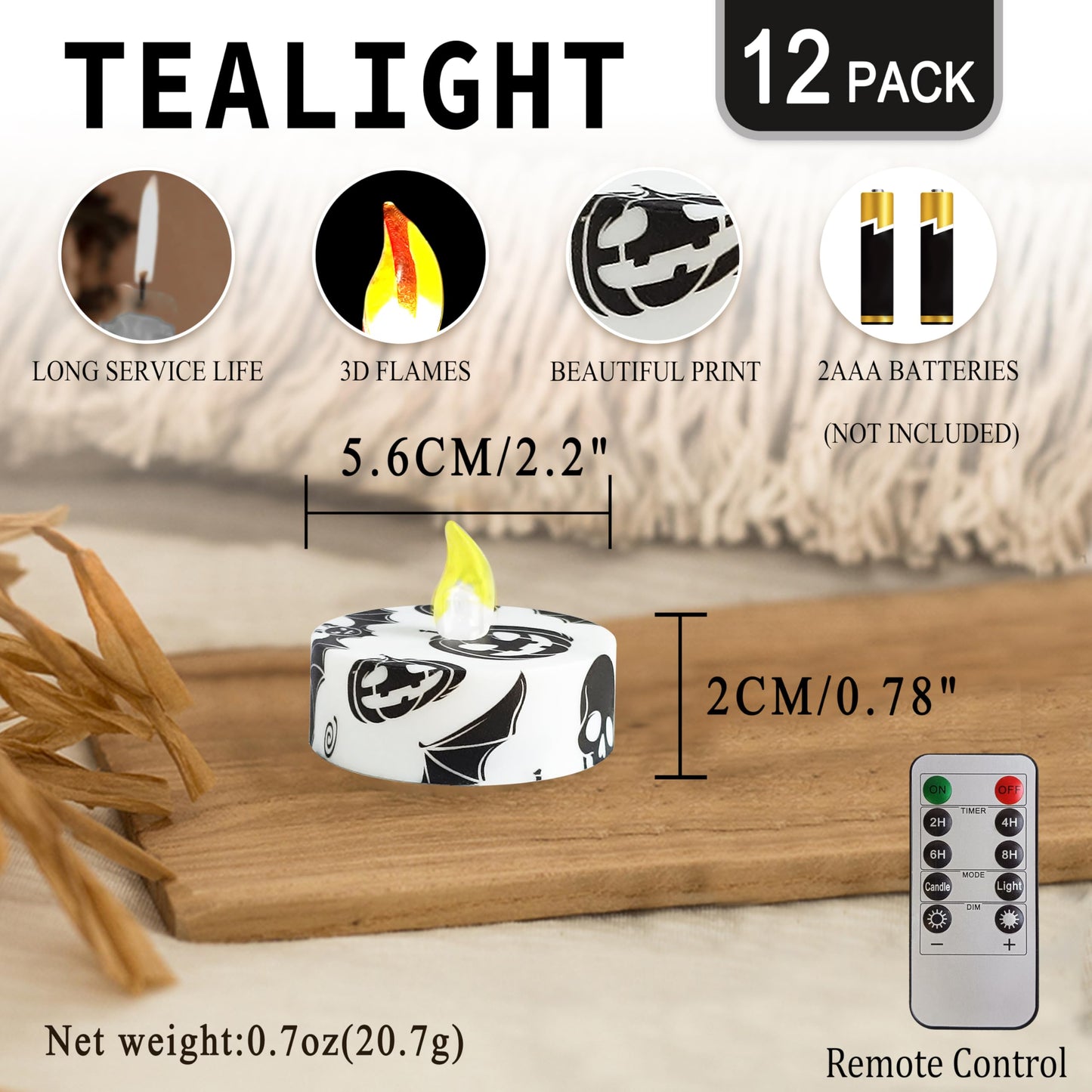 FCMSHAMD Halloween Bat Flameless Tealights Candles with 10-Key Remote Timer Battery Operated, 2.2 Inch Flickering LED Tea Lights Candles for Home Decoration,12 Pack