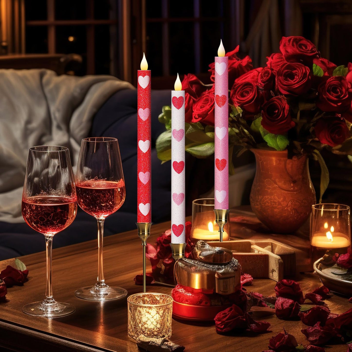 Honoson 6 Pcs Heart Glitter Flameless Taper Candles 10.6 Inch Valentines Day Candles Battery Operated LED Candlesticks for Valenties Wedding Bridal Birthday Baby Shower Party Dinner Table Home Decor