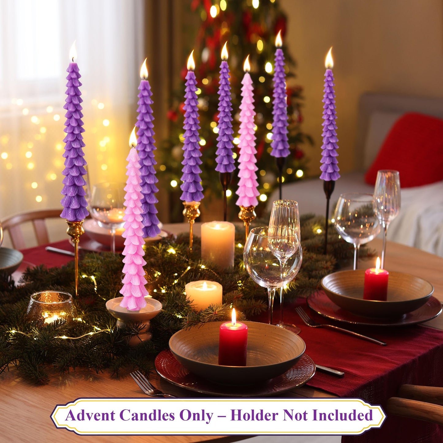 Enhon 8 Pcs Advent Candles Set, 10 Inch Tree Shaped Taper Candles, Unscented Beeswax Christmas Advent Wreath Candle for Xmas, Holiday, Church, Party, or Home Decor (Purple,Pink Style)