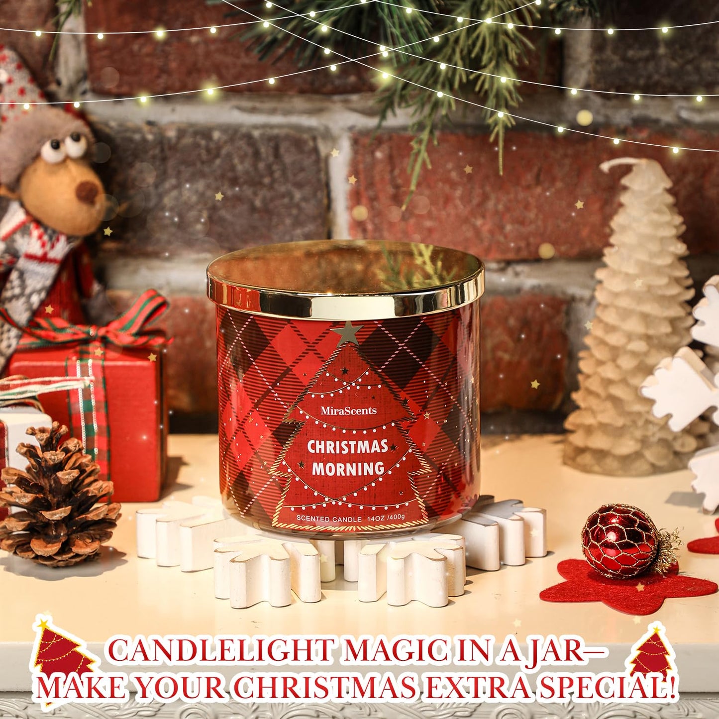 Christmas Scented Candle, MiraScents Christmas Morning Scented Candle, 3 Wicks Large Candle Natural Soy Wax Candles, Red Xmas Tree Candles Gifts, 14oz