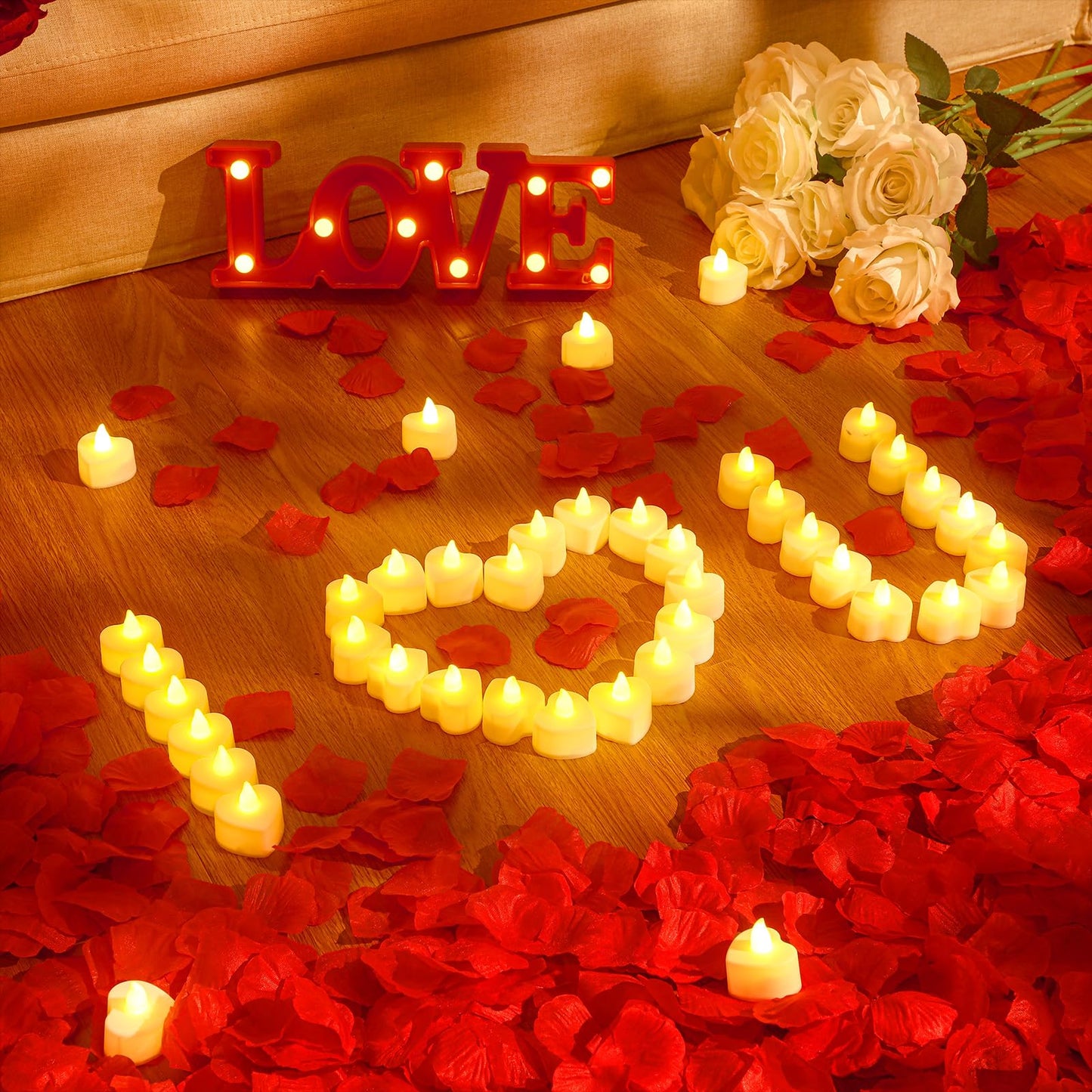 VIHOSE 4000 Pcs Artificial Rose Petals with 24 Pcs LED Tea Lights Candles Flameless LED Candles Fake Rose Petals for Wedding Birthday Party(Yellow Light, Red Petal)