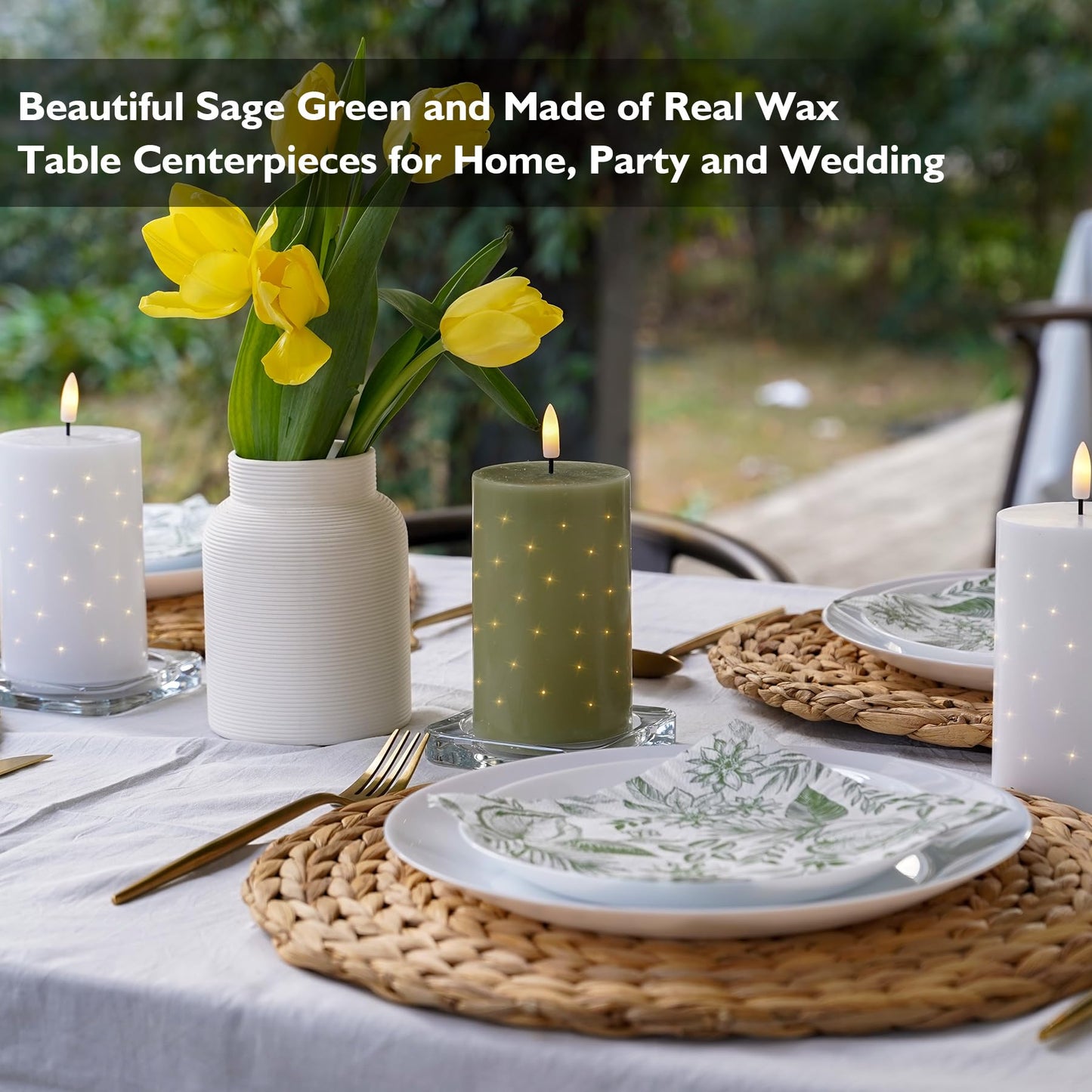 Rhytsing Sage Green Fiber Optic Real Wax Flameless Candles with Remote, Battery Operated Decorative Pillar Candles for Spring and Summer, Christmas Gift Set with Batteries, H 5 inches - Set of 2