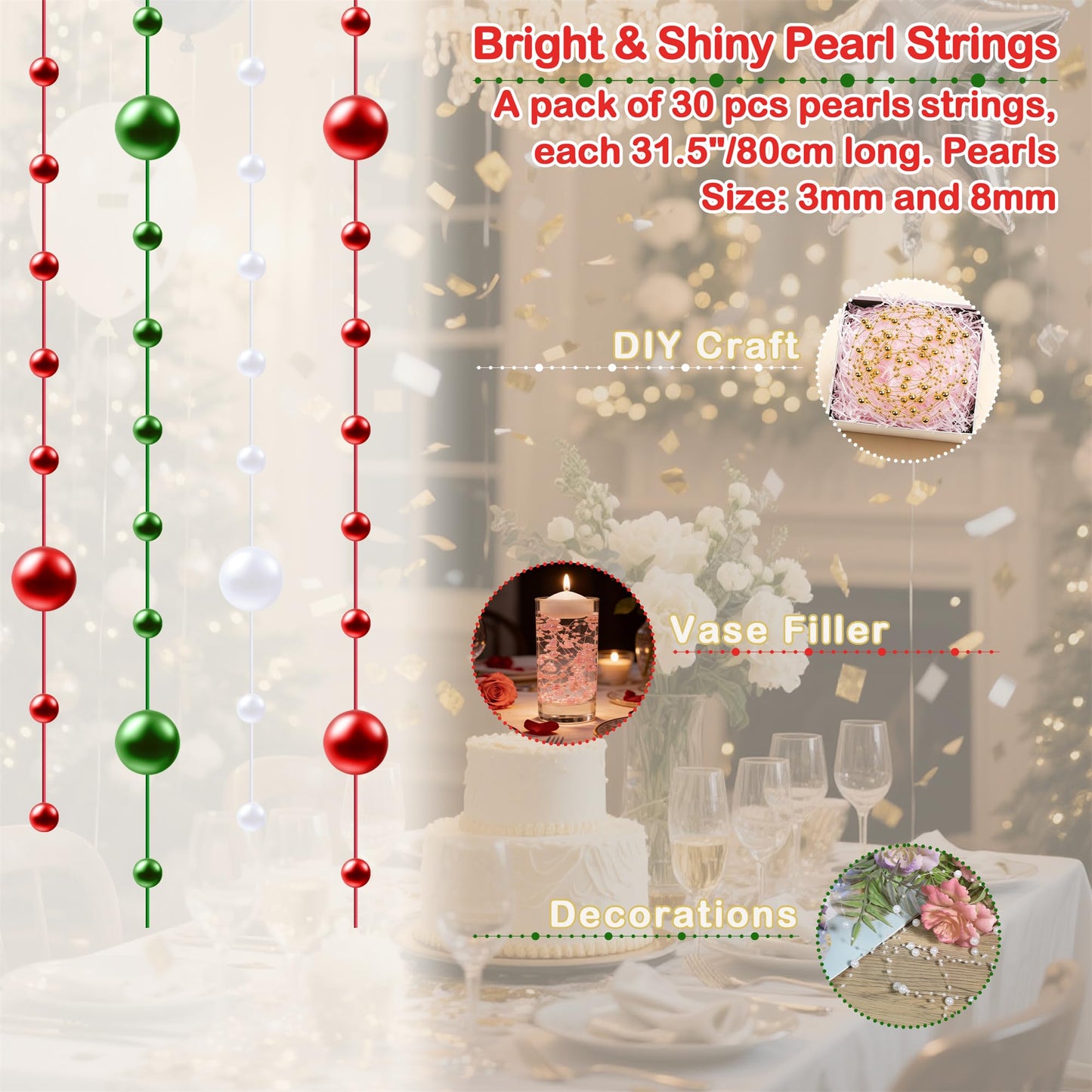 YATOJUZI 30 PCS Artificial Pearl String Vase Filler Floating Pearls for Vases Centerpieces Faux Pearl Beads String Decorations Holiday Christmas Party Decor