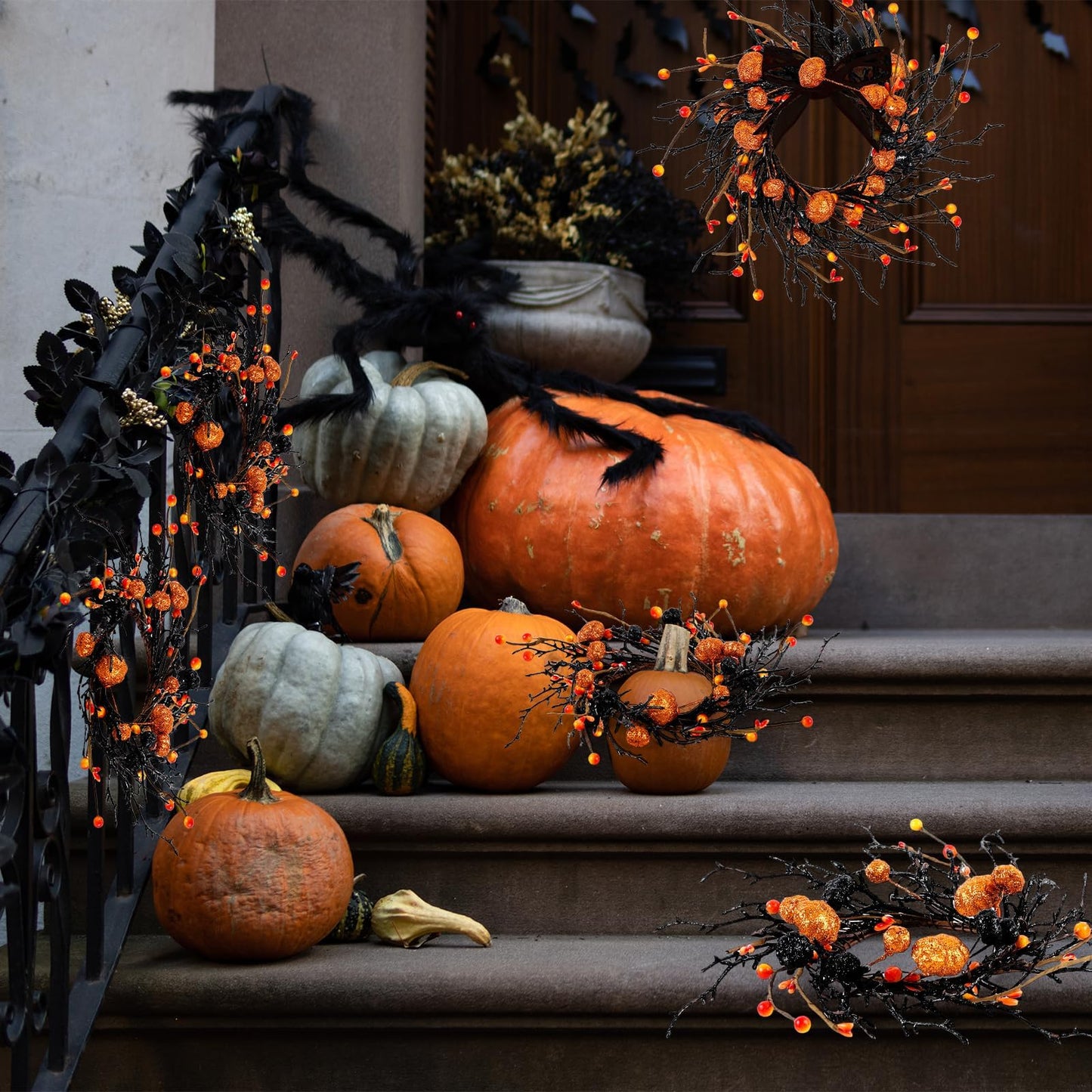 8 PCS Halloween Candle Rings Wreaths Black Orange Berries & Pumpkin Candle Rings Mini Wreath 3.5 Inch Center for Pillar Candle Halloween Fall Thanksgiving Party Home Table Indoor Decorations